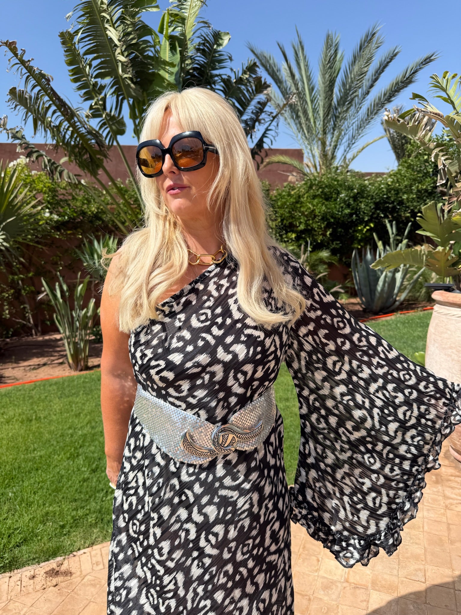 Stevie –  Monochrome Metallic Animal Print One Shoulder