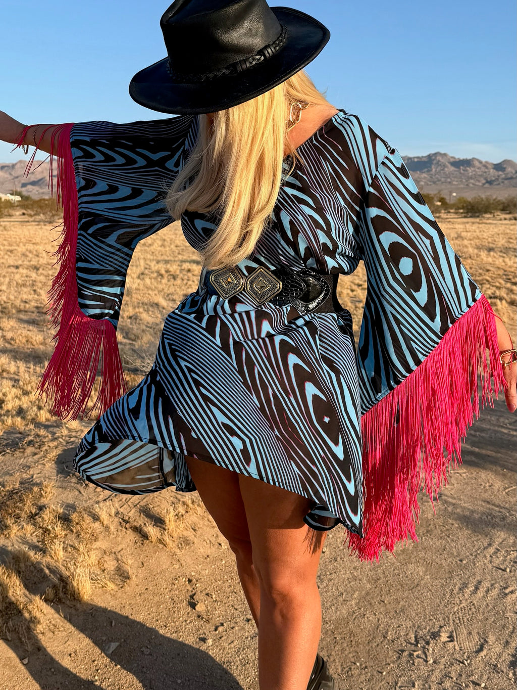 Short Stevie - Blue With Hot Pink Fringe