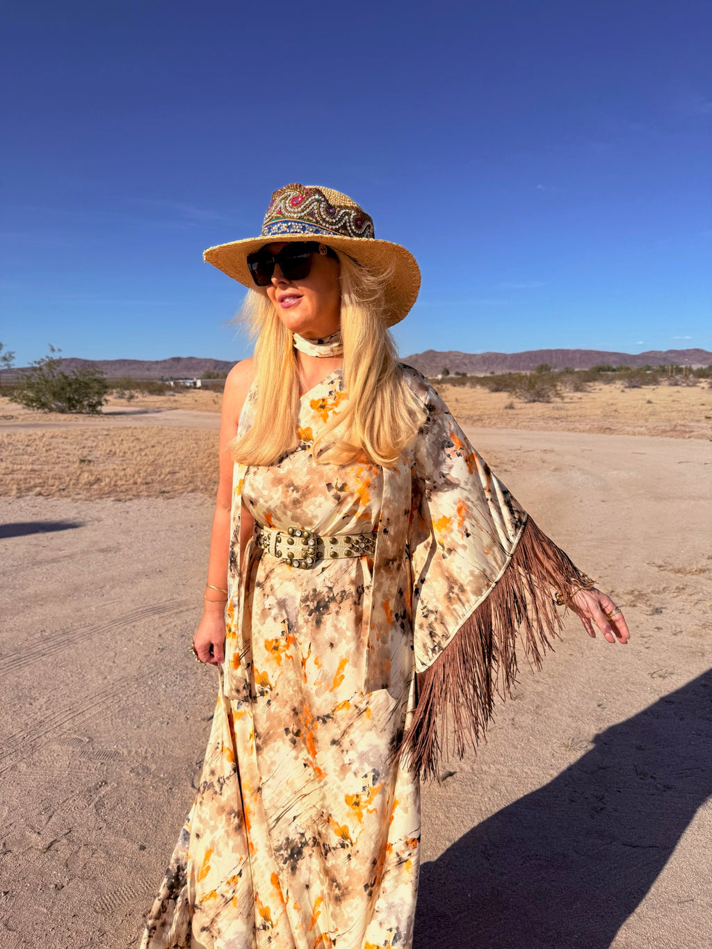 Stevie - Desert Watercolor One Shoulder With Fringe