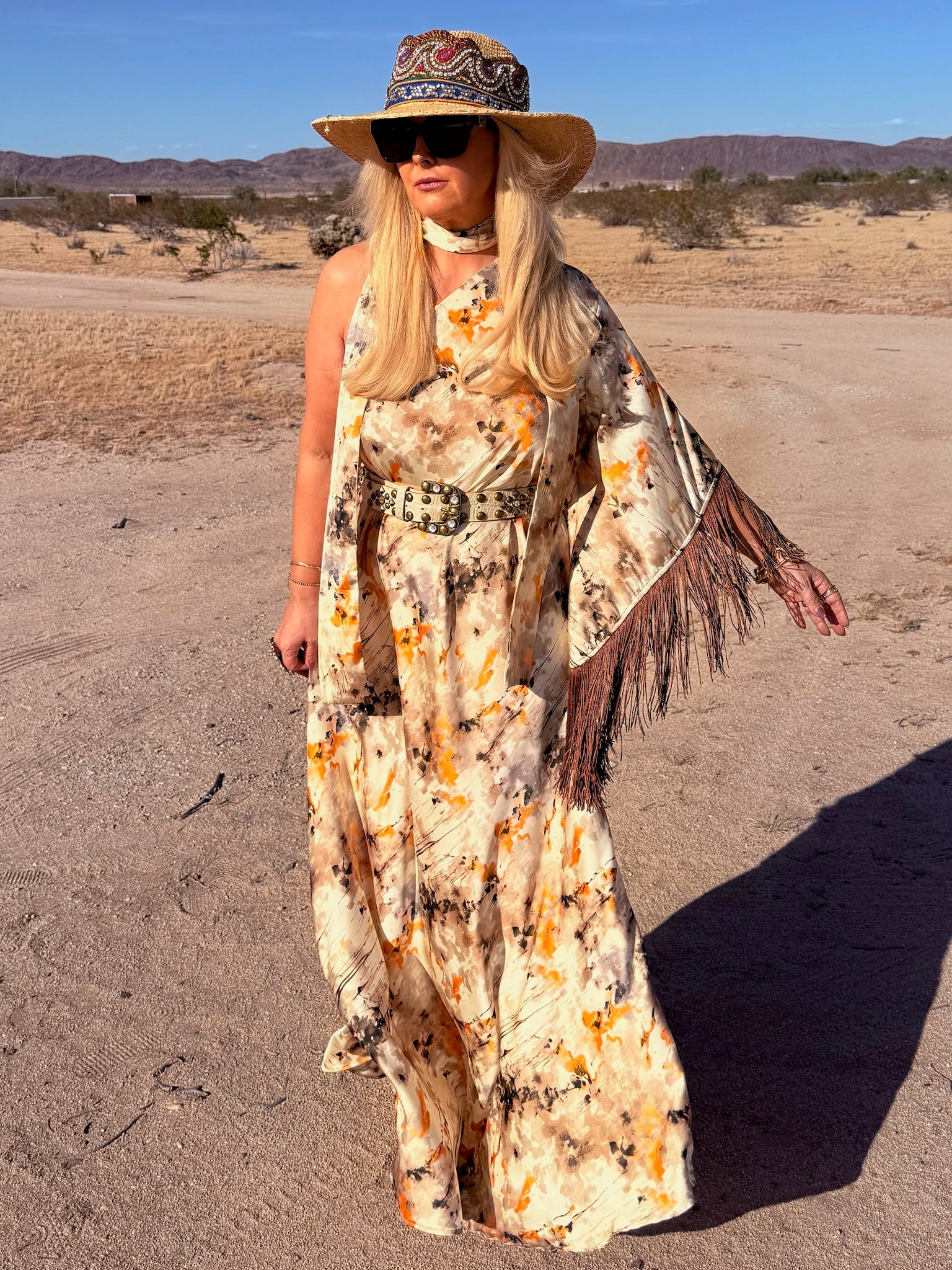 Stevie - Desert Watercolor One Shoulder With Fringe