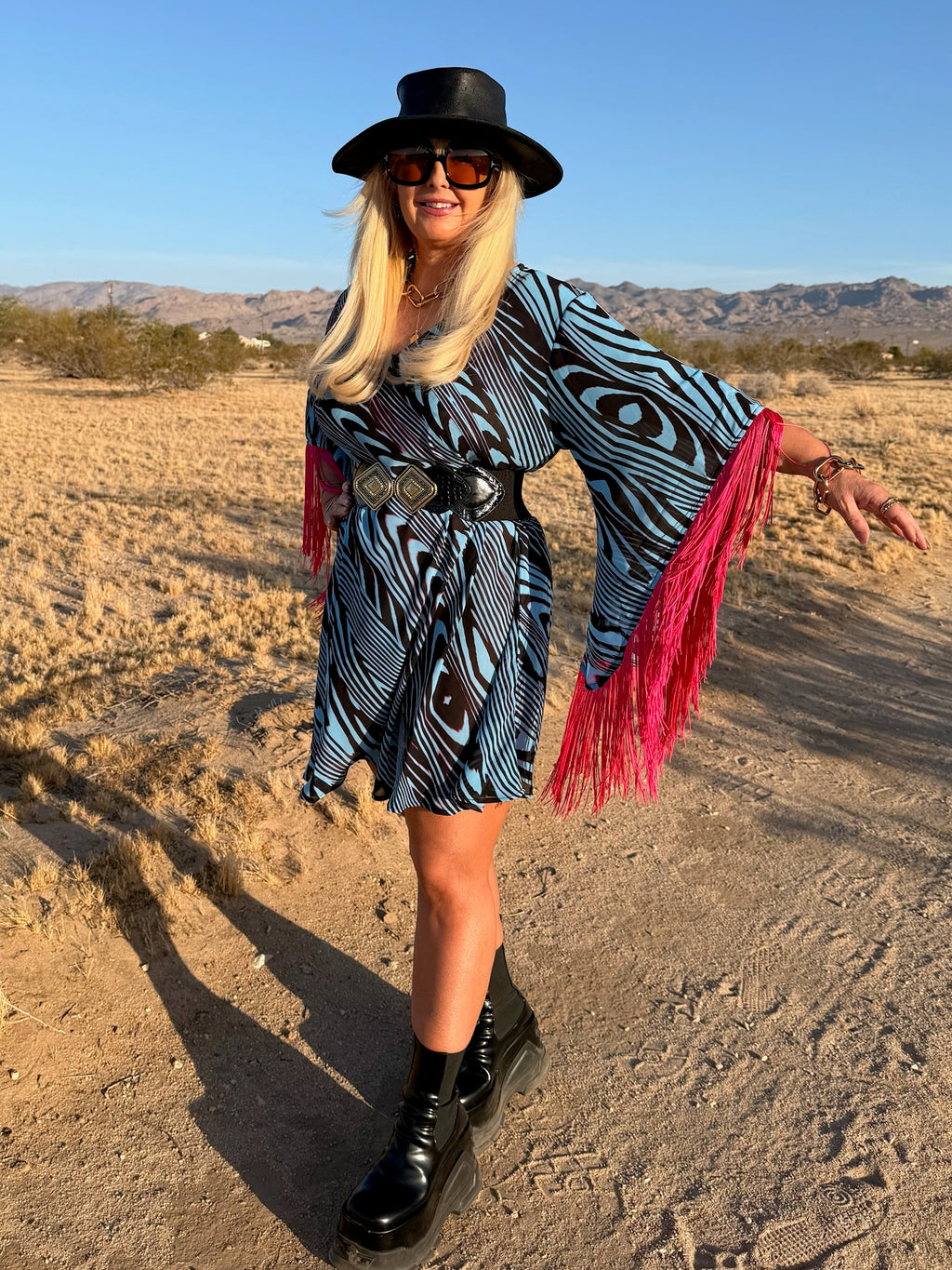 Short Stevie - Blue With Hot Pink Fringe