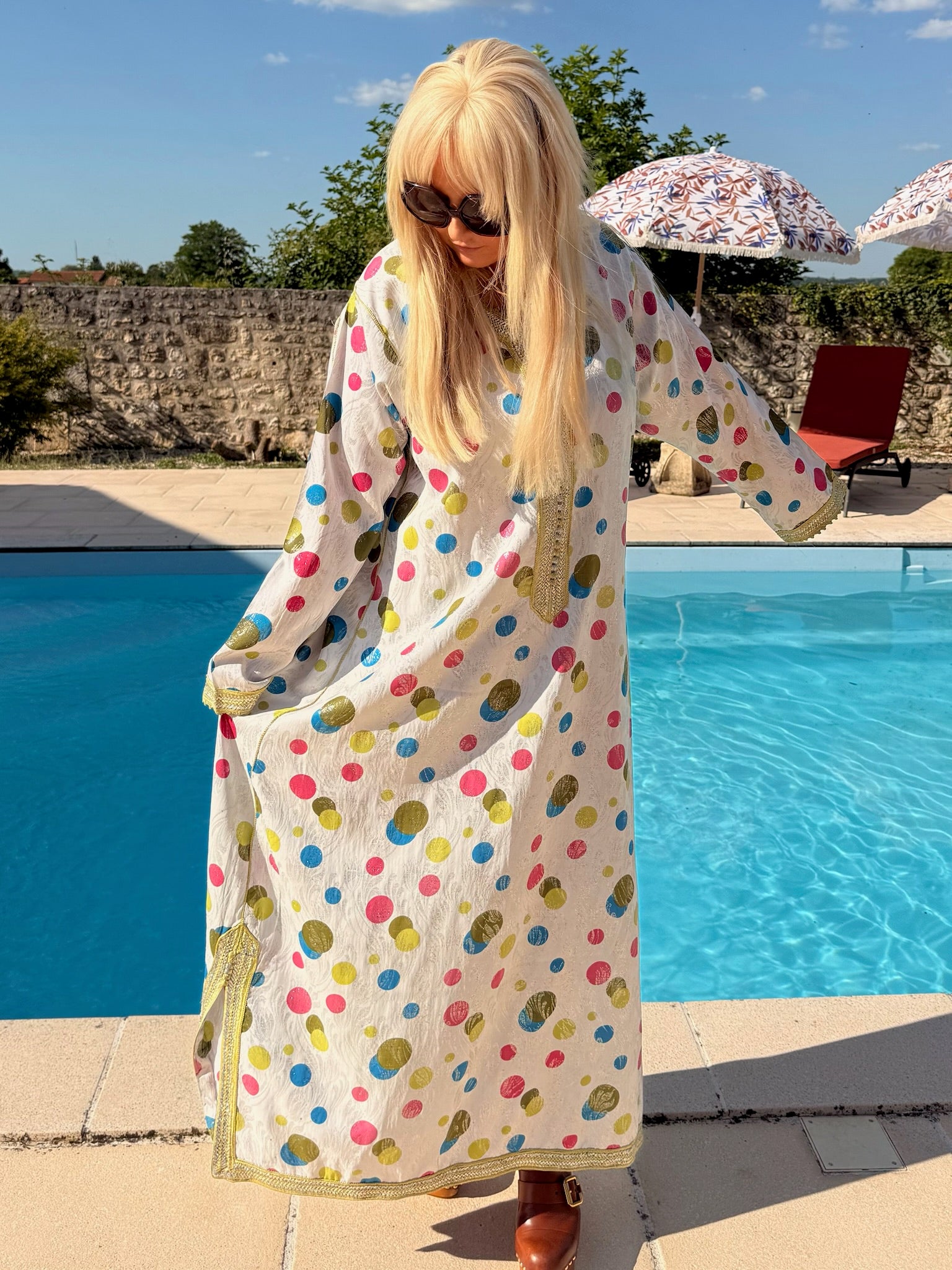 Vintage 1970s Polka Dot lurex silver Kaftan With Embroidery