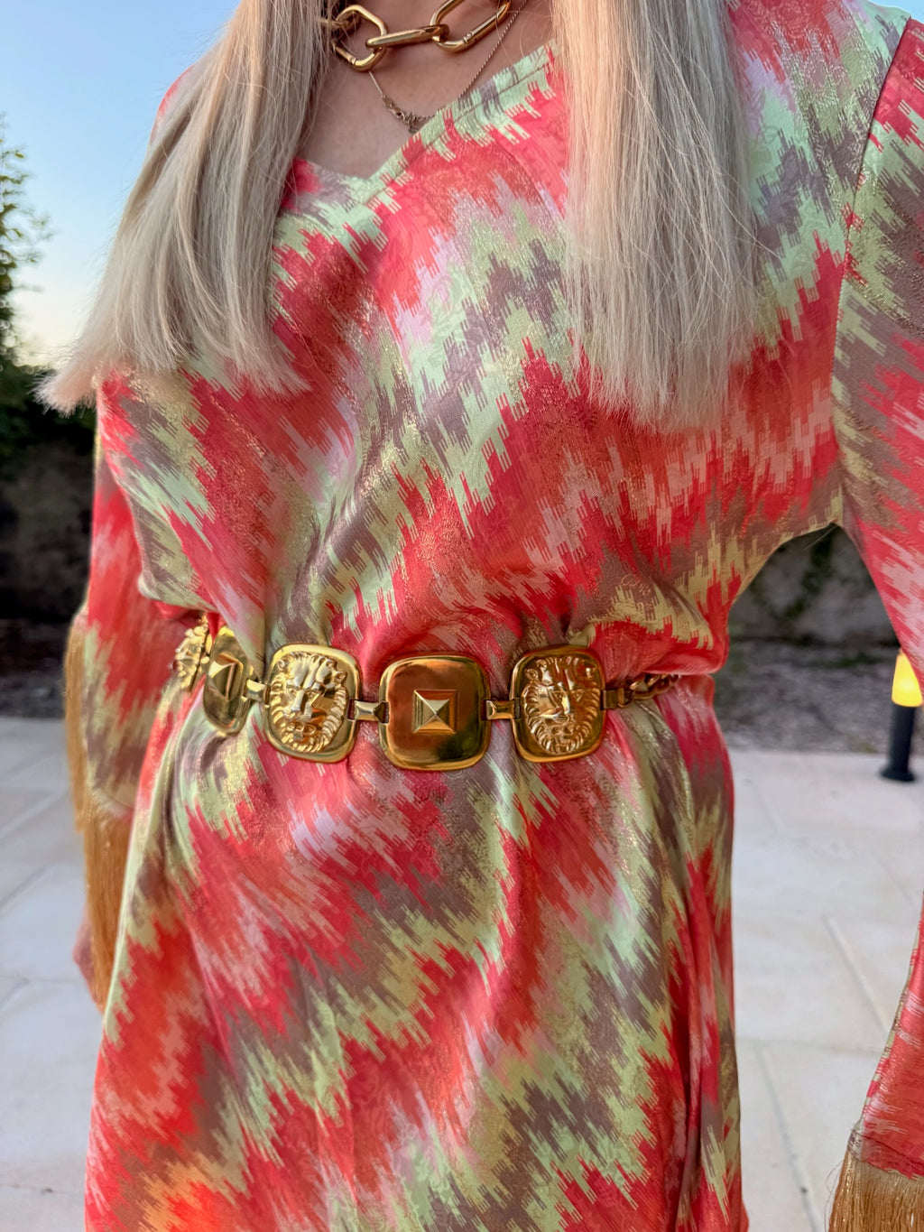 Short Stevie – Ikat Coral & Sage with Gold Fringe
