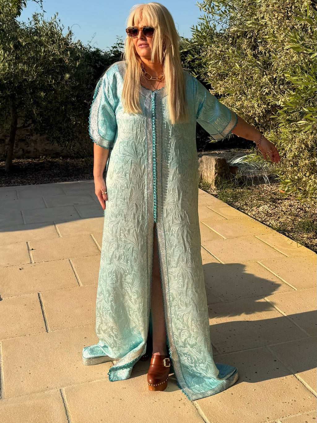 Vintage 1970s Baby Blue Metallic Silver Embroidered Kaftan