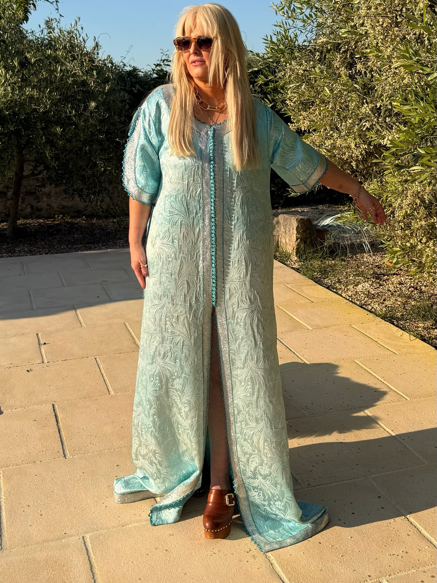 Vintage 1970s Baby Blue Metallic Silver Embroidered Kaftan