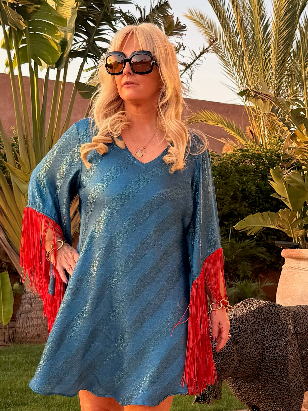 Short Stevie - Blue Jacquard With Red Fringe