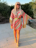 Short Stevie – Ikat Coral & Sage with Gold Fringe