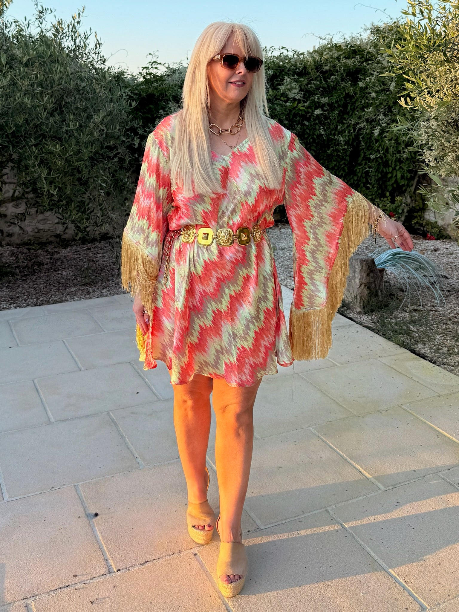 Short Stevie – Ikat Coral & Sage with Gold Fringe