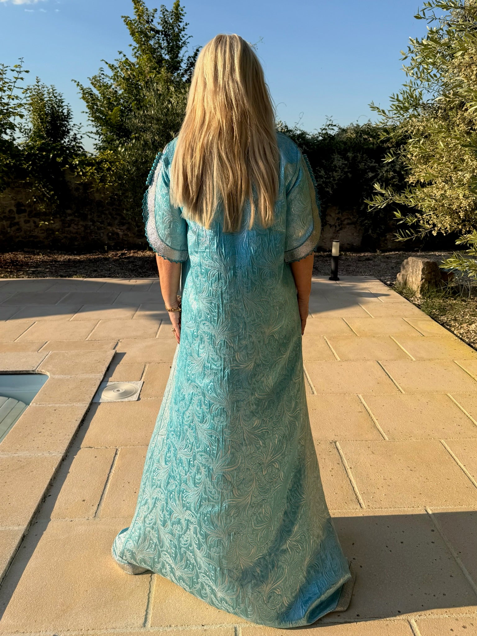 Vintage 1970s Baby Blue Metallic Silver Embroidered Kaftan
