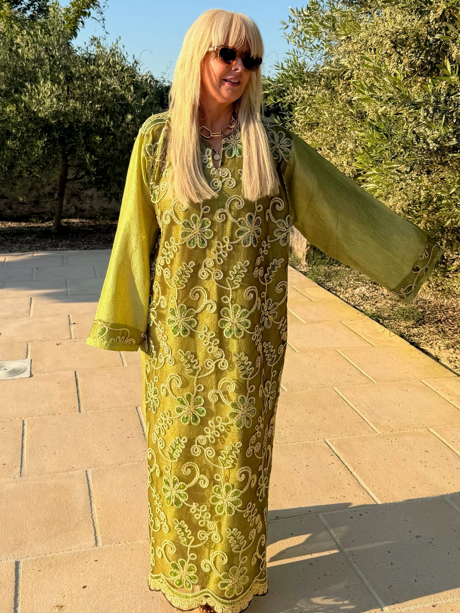 Vintage Beaded Olive Metallic with Gold Kaftan