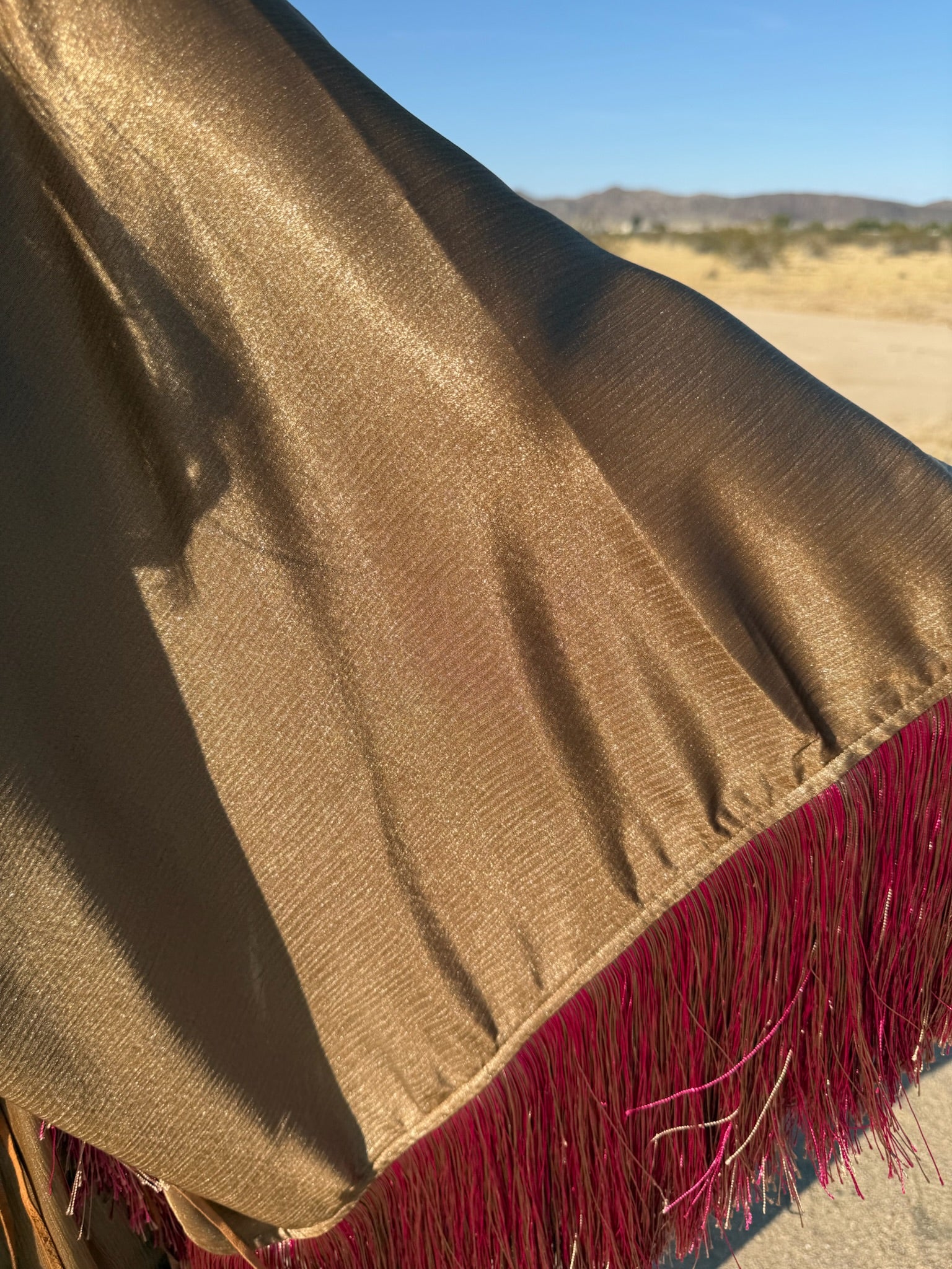 Sam - Khaki Bronze Metallic With Raspberry Silk Fringe