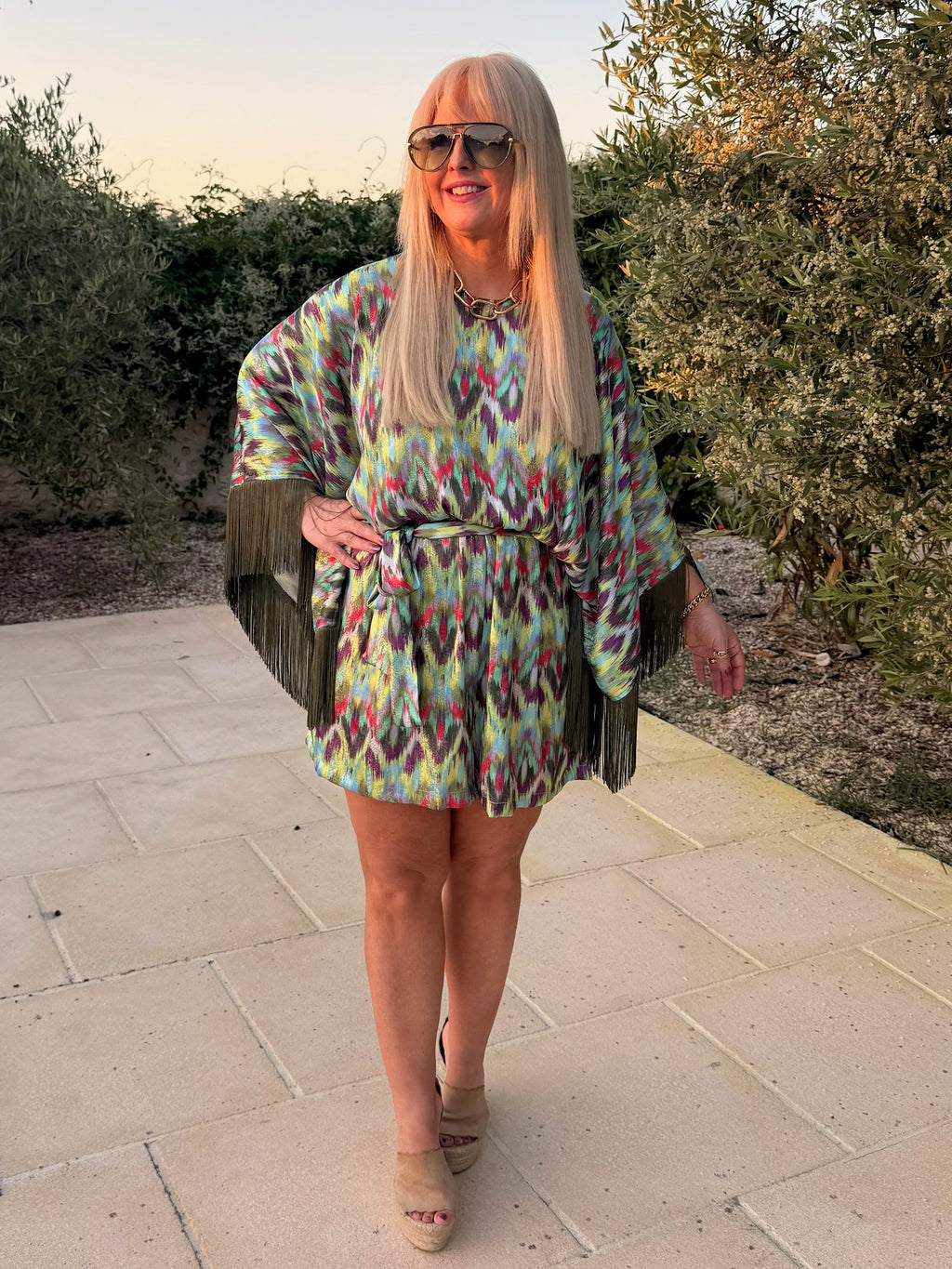 Sam - Khaki Multi Ikat Print With Fringe