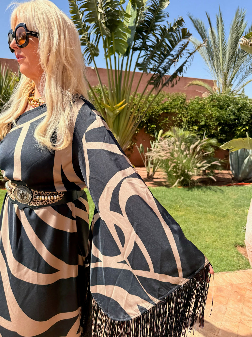 Stevie – Mocha Swirl One Shoulder Fringed