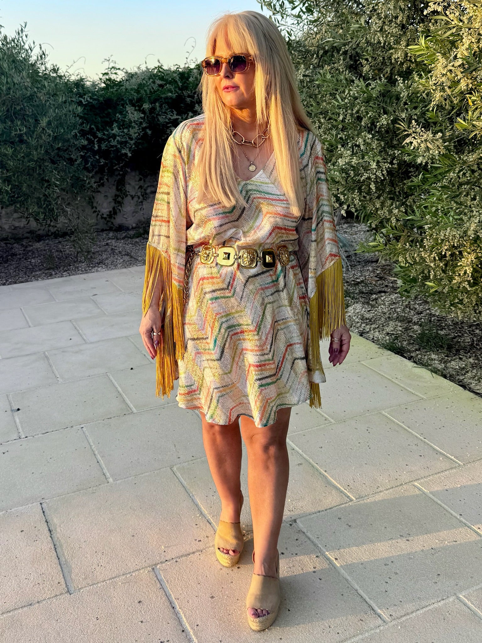 Short Stevie – Multi Print Metallic Gold With Fringe