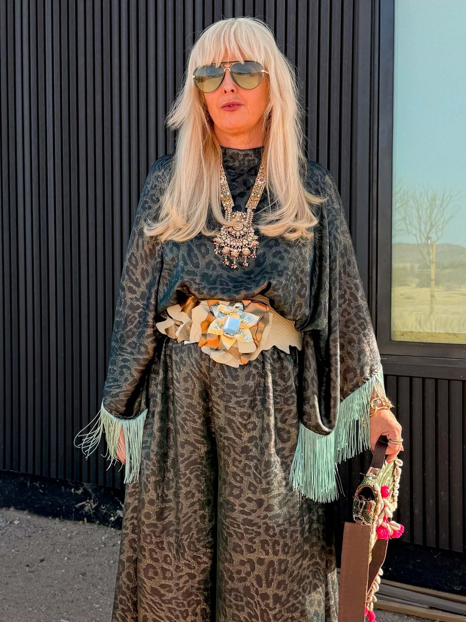 Salma - Green Gold Metallic Animal Fringed