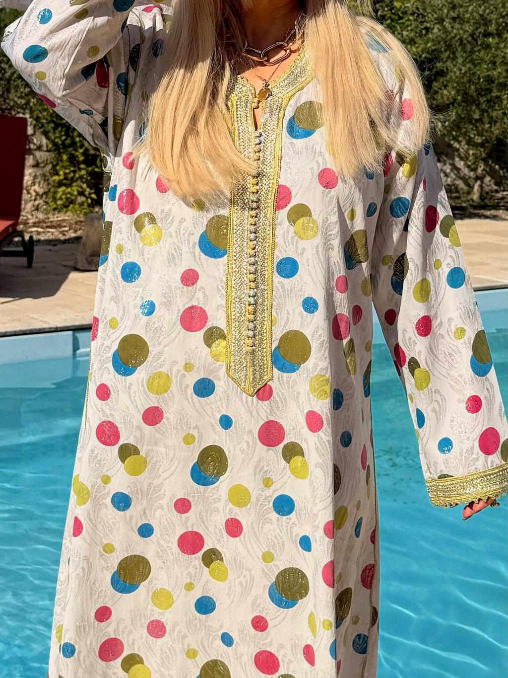 Vintage 1970s Polka Dot lurex silver Kaftan With Embroidery