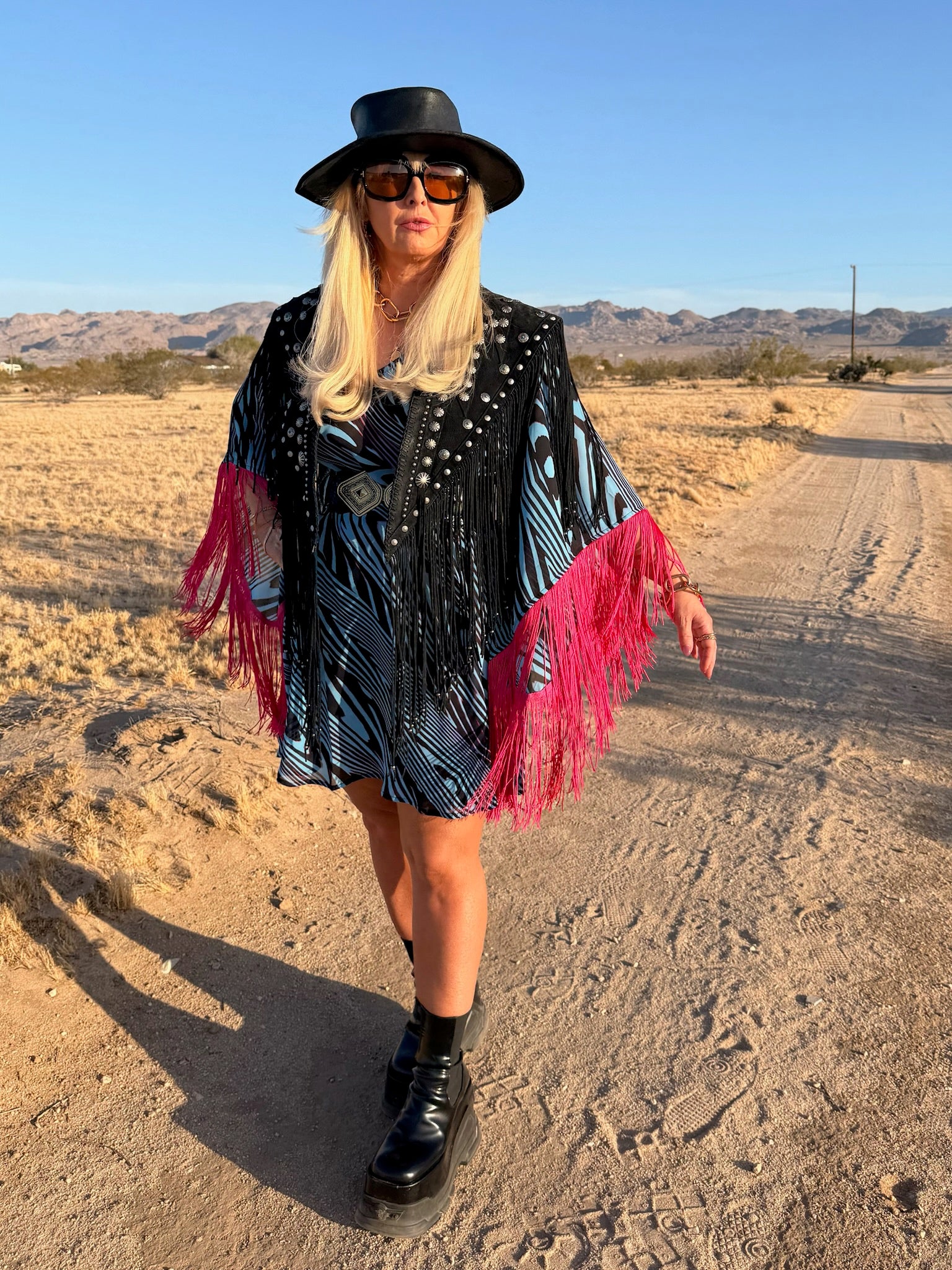 Short Stevie - Blue With Hot Pink Fringe