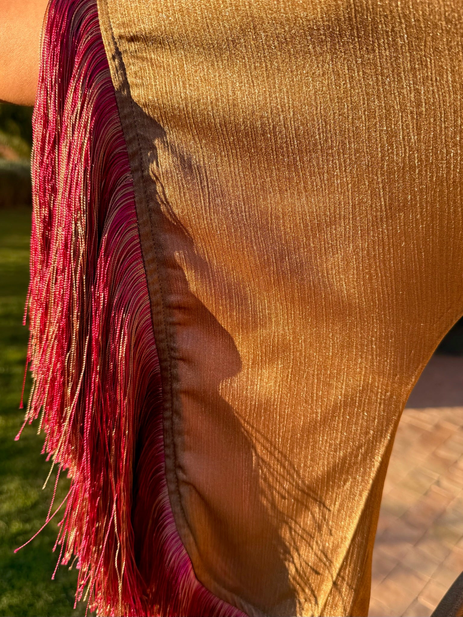 Short Stevie - Khaki Metallic With Raspberry Fringe
