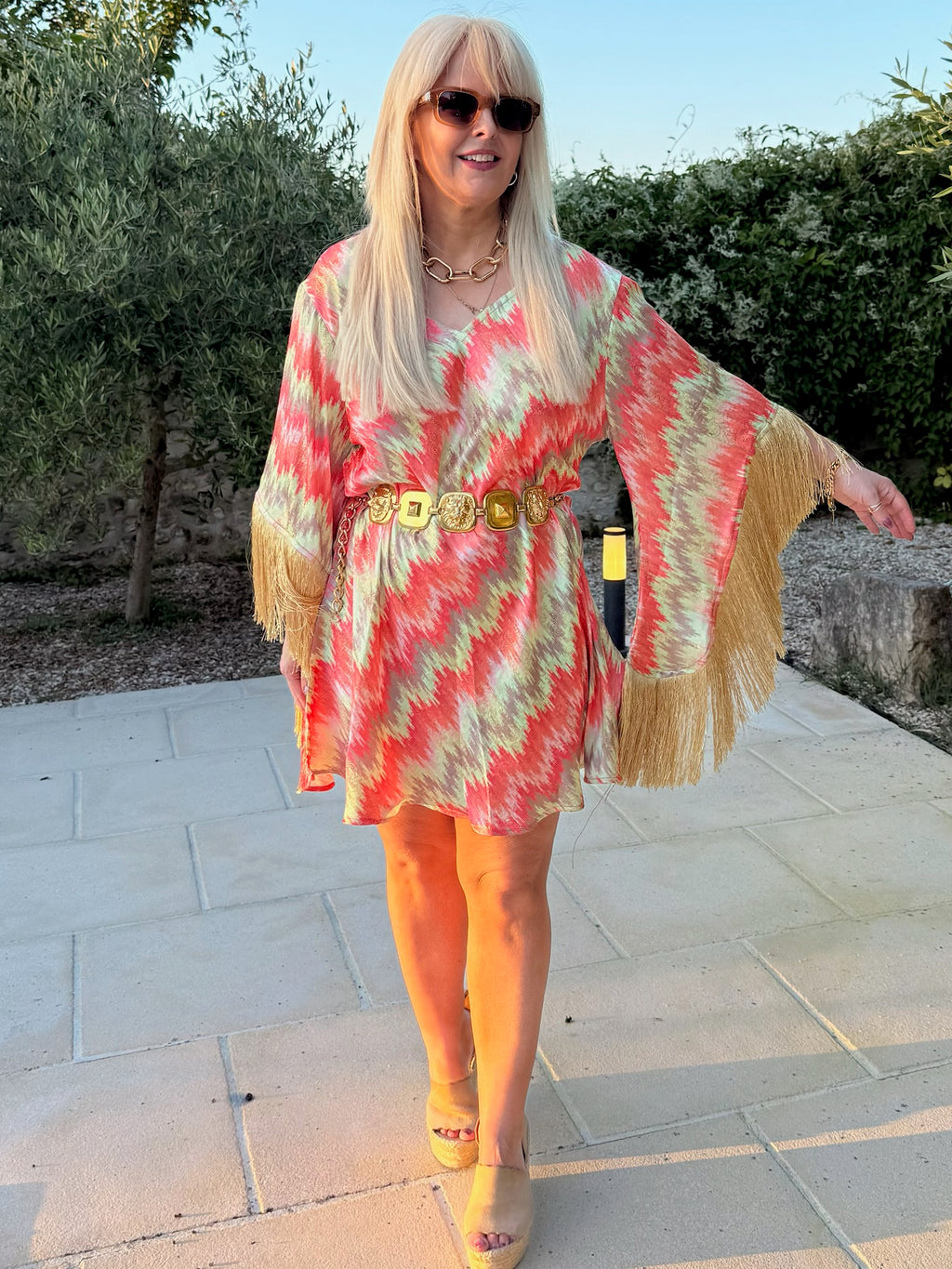 Short Stevie – Ikat Coral & Sage with Gold Fringe