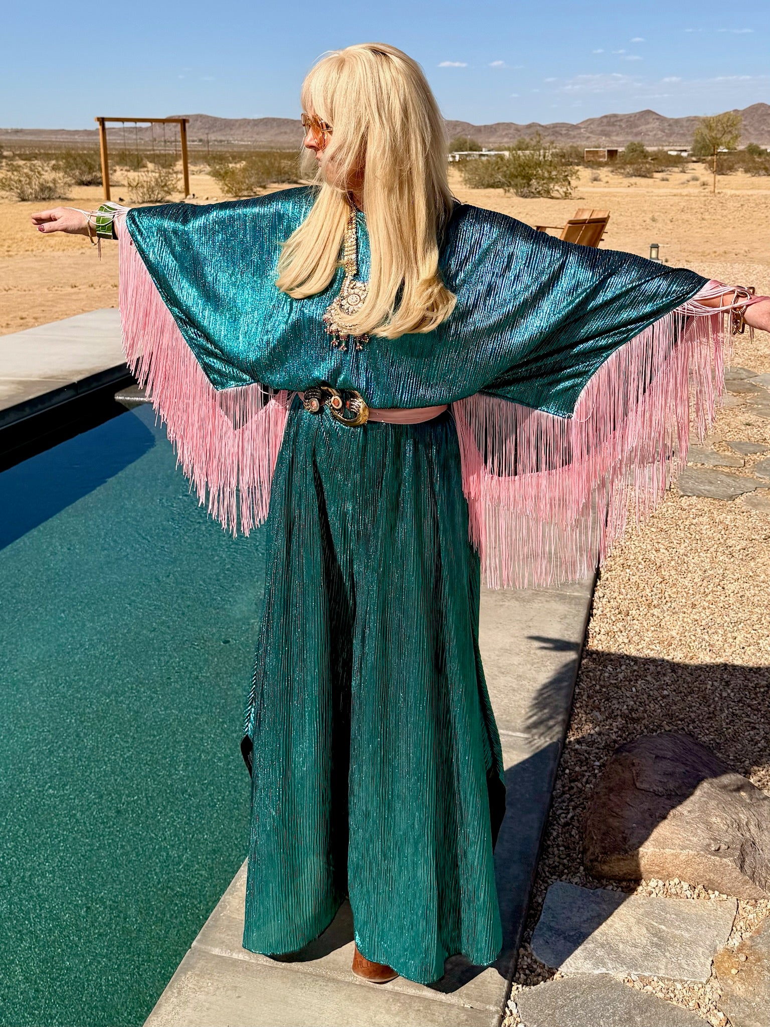 Salma - Turquoise Metallic With Baby Pink Fringe