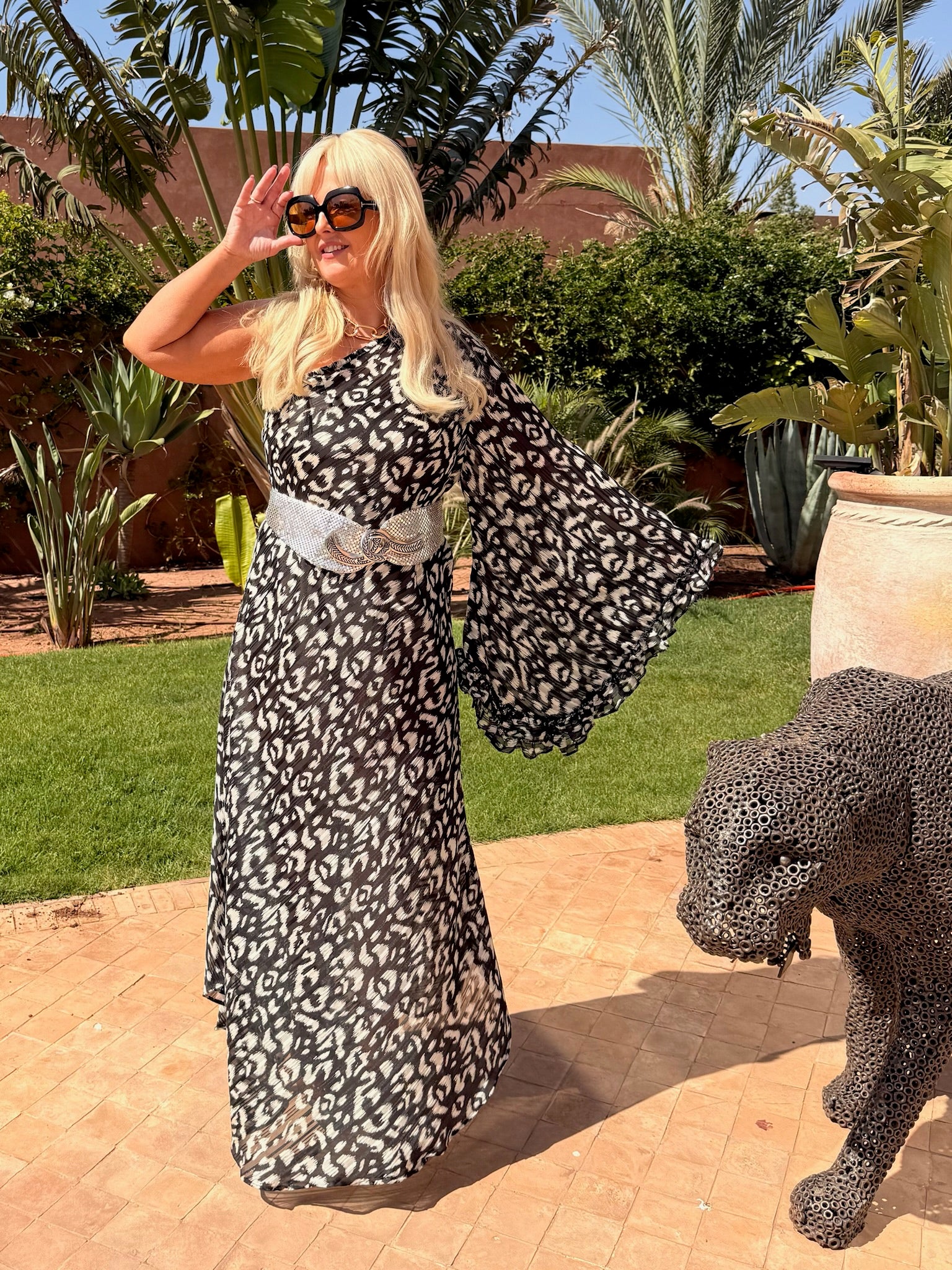 Stevie –  Monochrome Metallic Animal Print One Shoulder