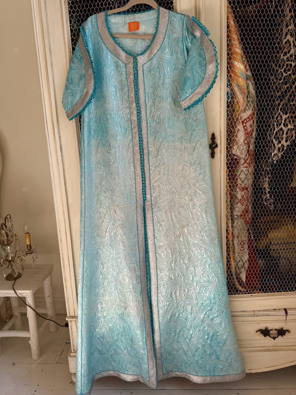 Vintage 1970s Baby Blue Metallic Silver Embroidered Kaftan