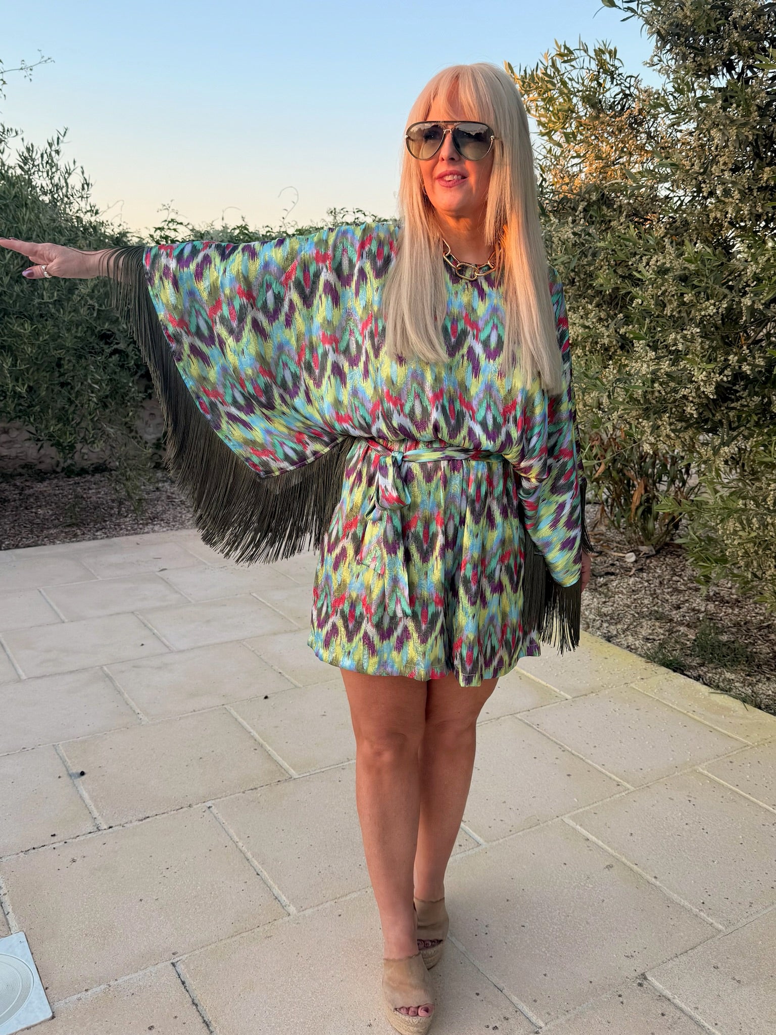 Sam - Khaki Multi Ikat Print With Fringe