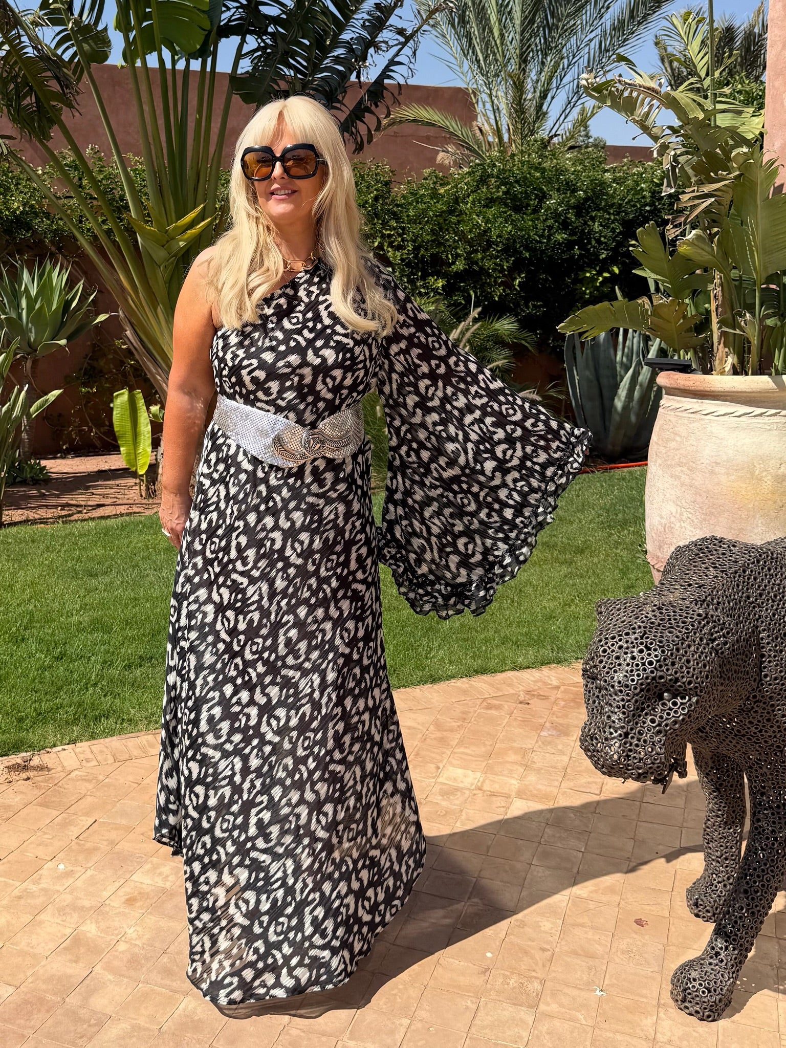 Stevie –  Monochrome Metallic Animal Print One Shoulder