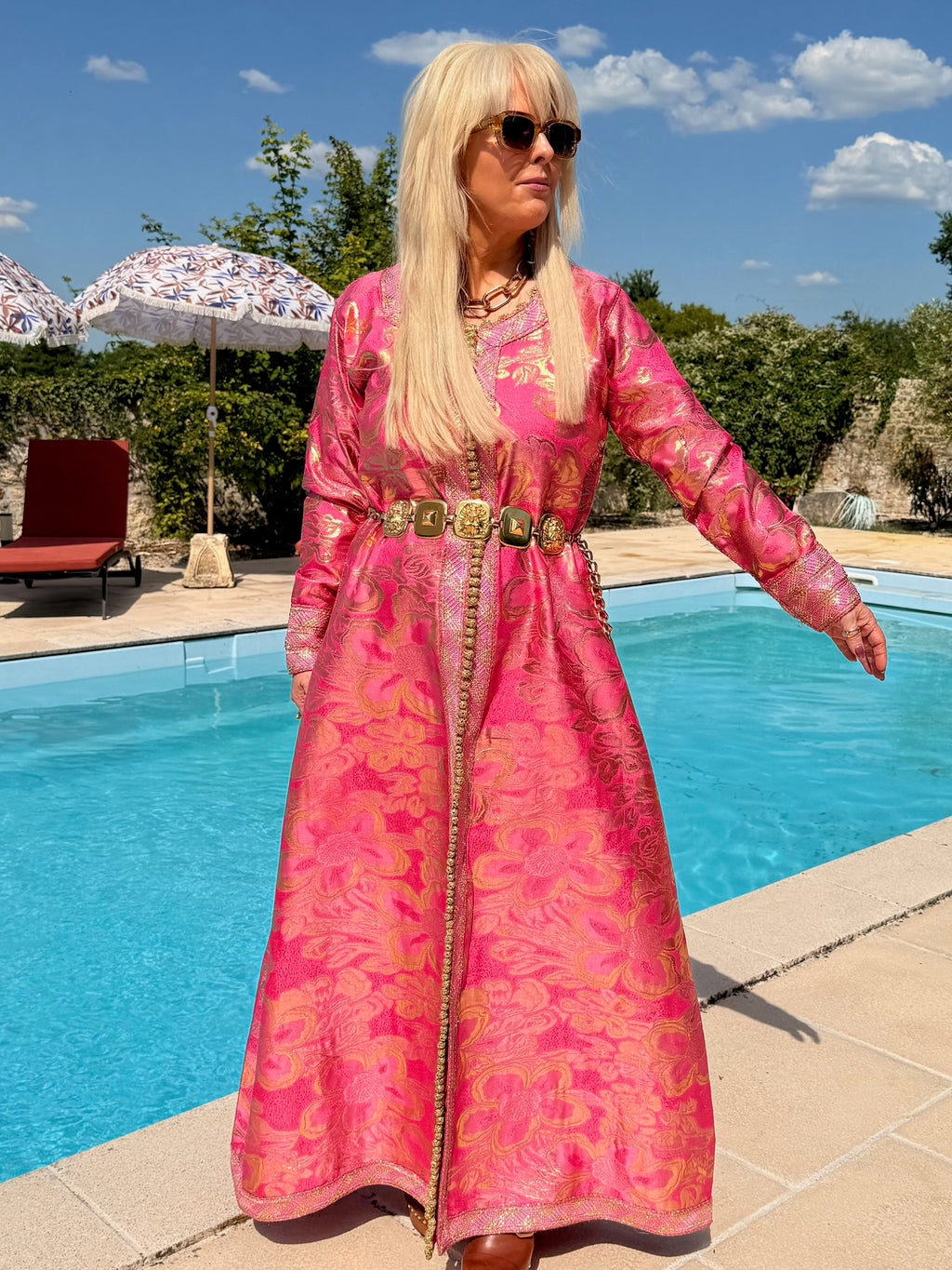 Vintage 1970s Pink Gold Metallic Embroidered Kaftan