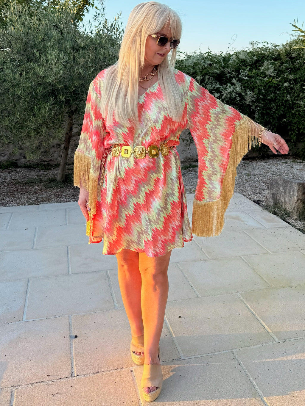 Short Stevie – Ikat Coral & Sage with Gold Fringe