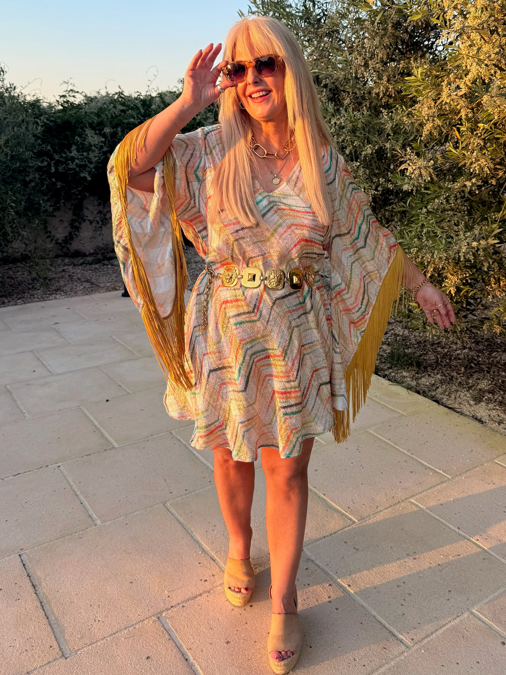 Short Stevie – Multi Print Metallic Gold With Fringe