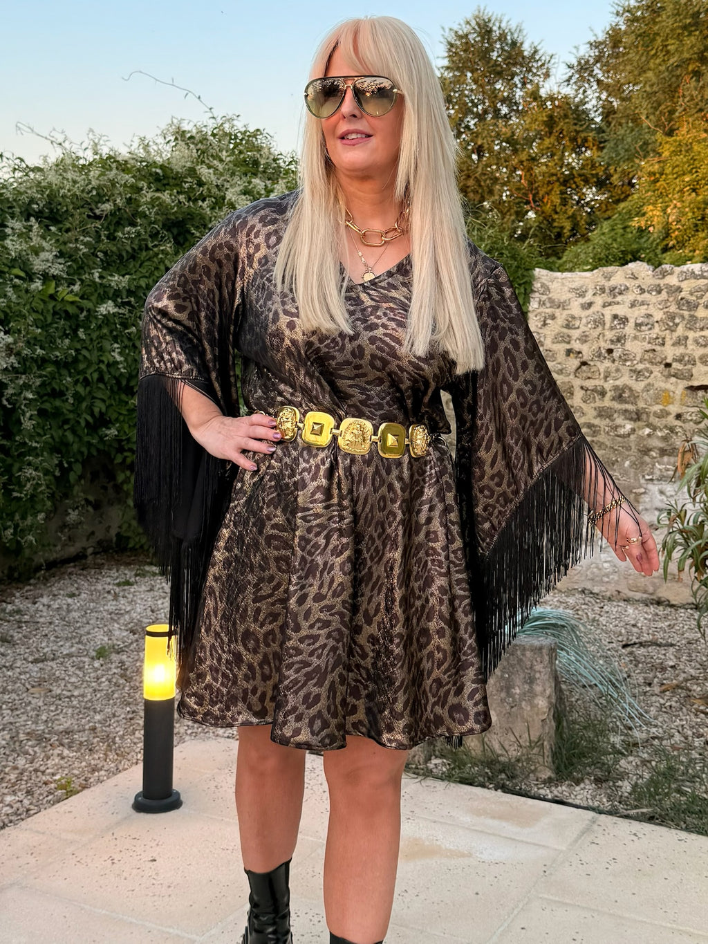 Short Stevie - Gold & Black Metallic Leopard Print With Fringe