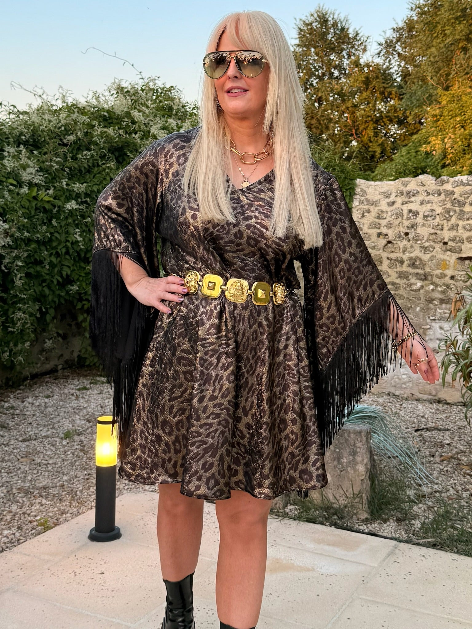 Short Stevie - Gold & Black Metallic Leopard Print With Fringe