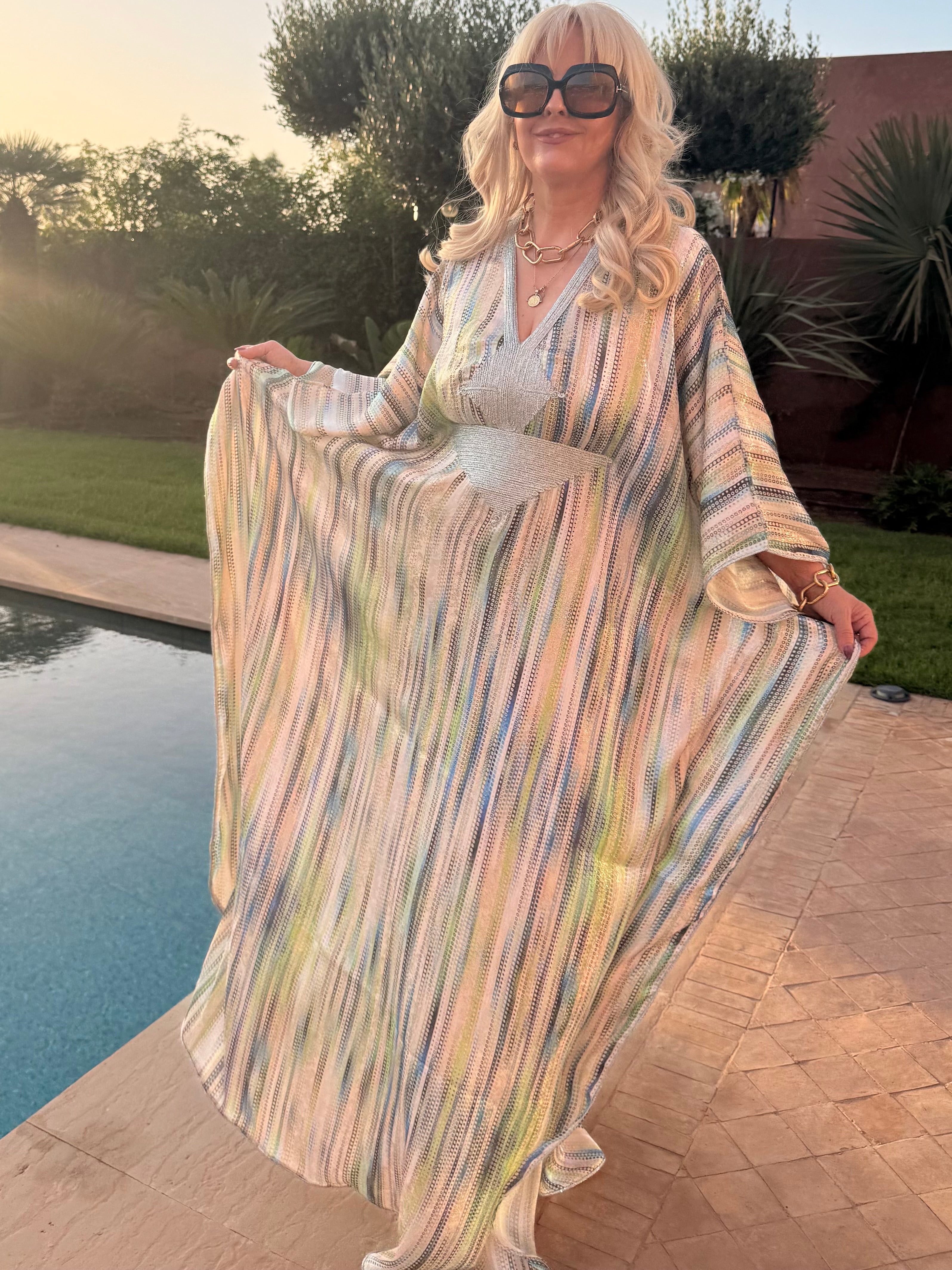 Kaftan - Multicoloured Silver Embroidered Metallic