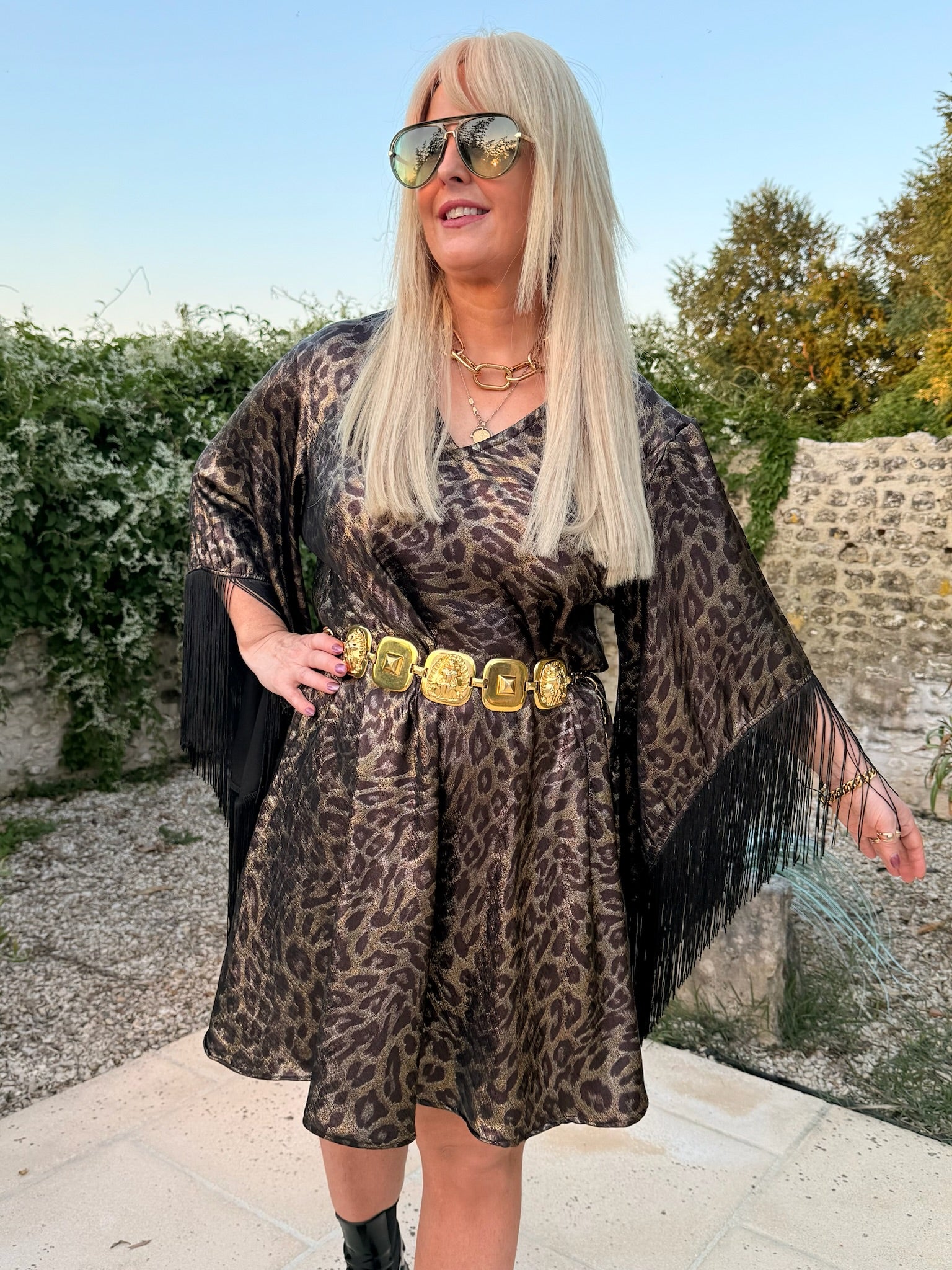 Short Stevie - Gold & Black Metallic Leopard Print With Fringe