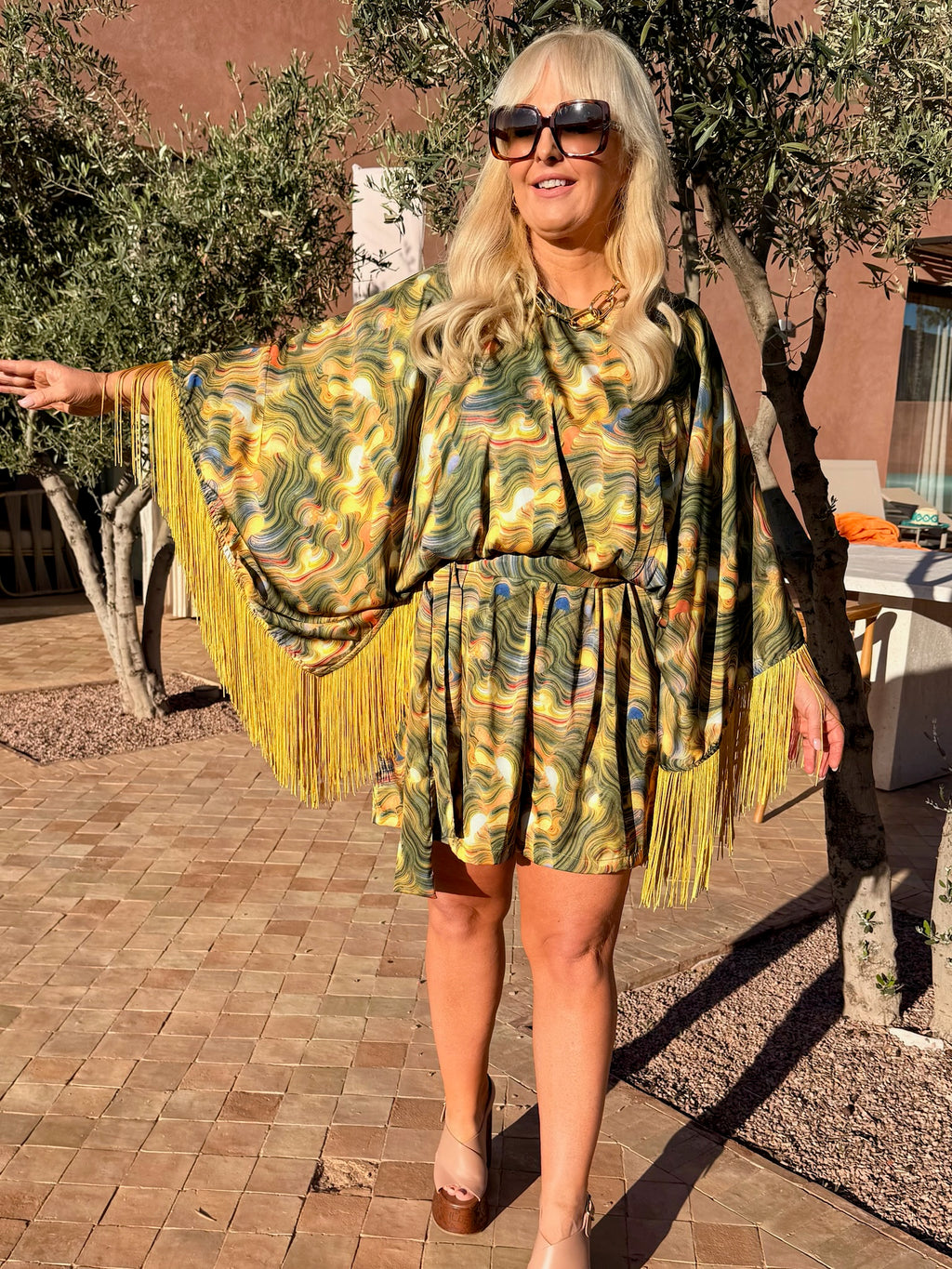 Sam - Golden Green 70s Swirl Fringe