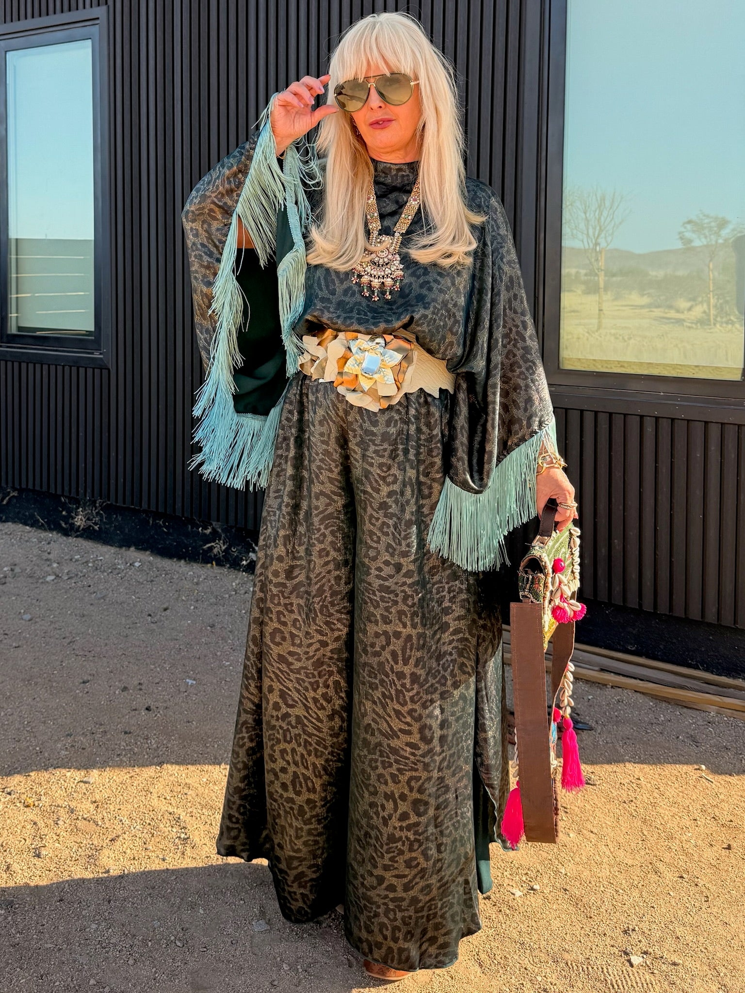 Salma - Green Gold Metallic Animal Fringed