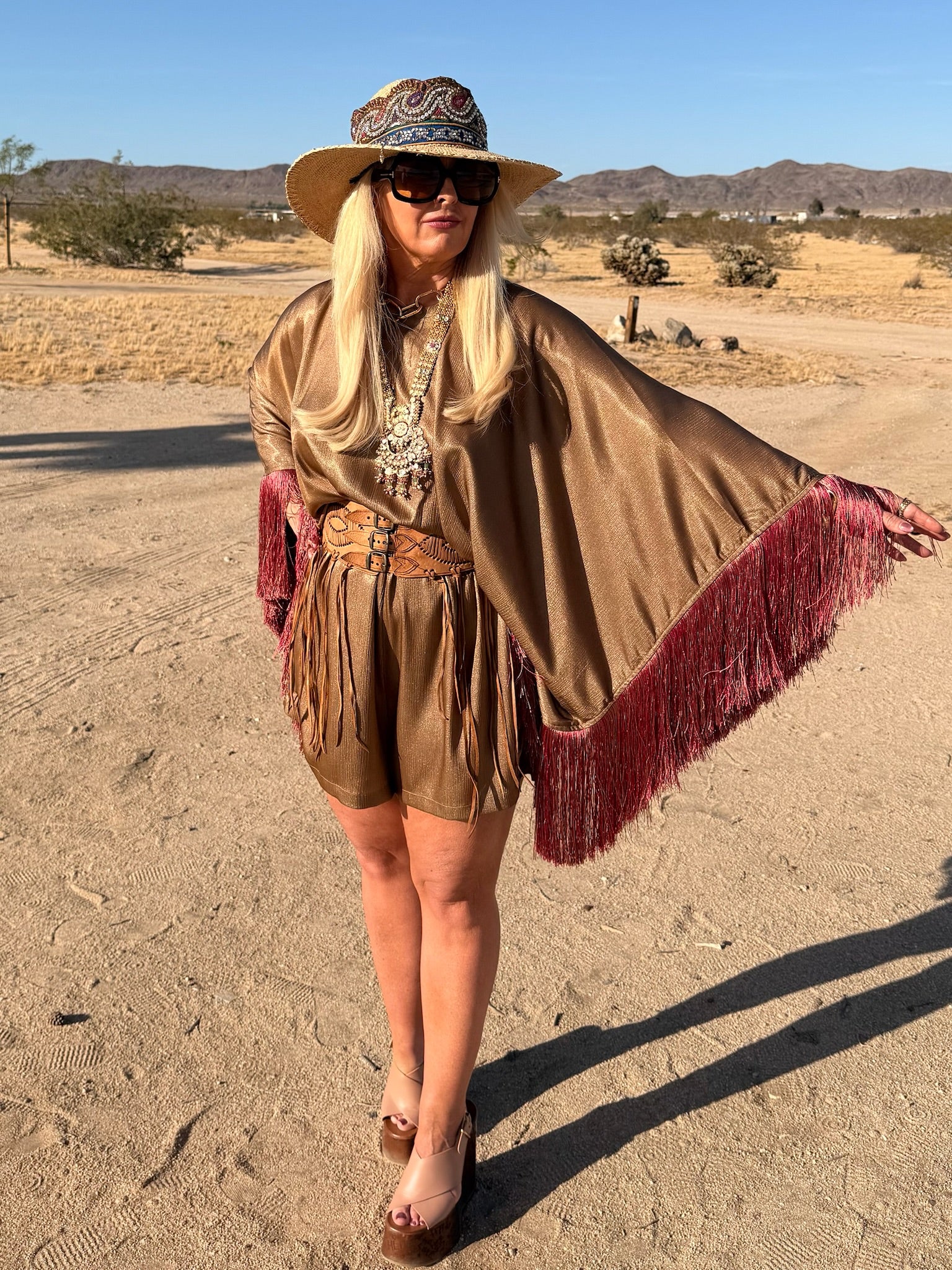 Sam - Khaki Bronze Metallic With Raspberry Silk Fringe