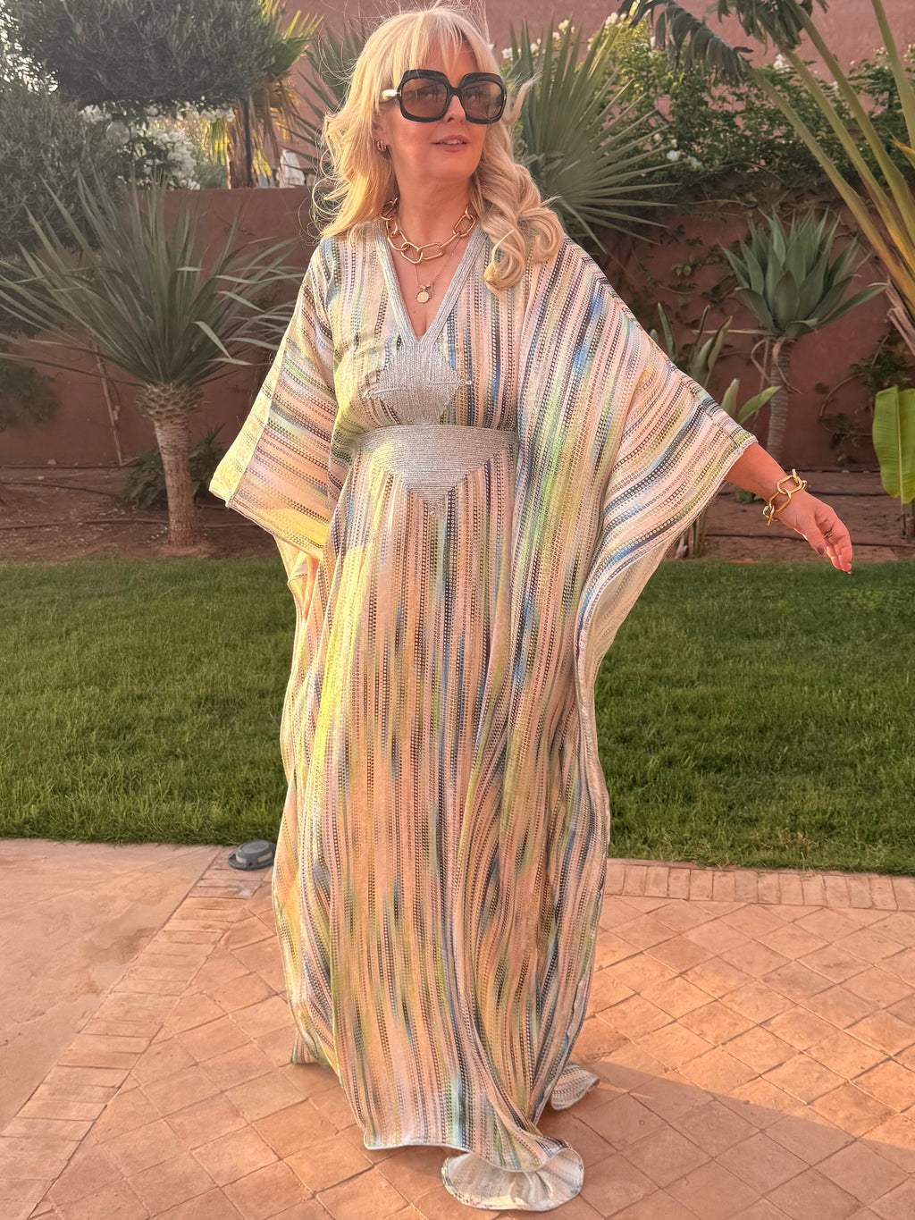 Kaftan - Multicoloured Silver Embroidered Metallic