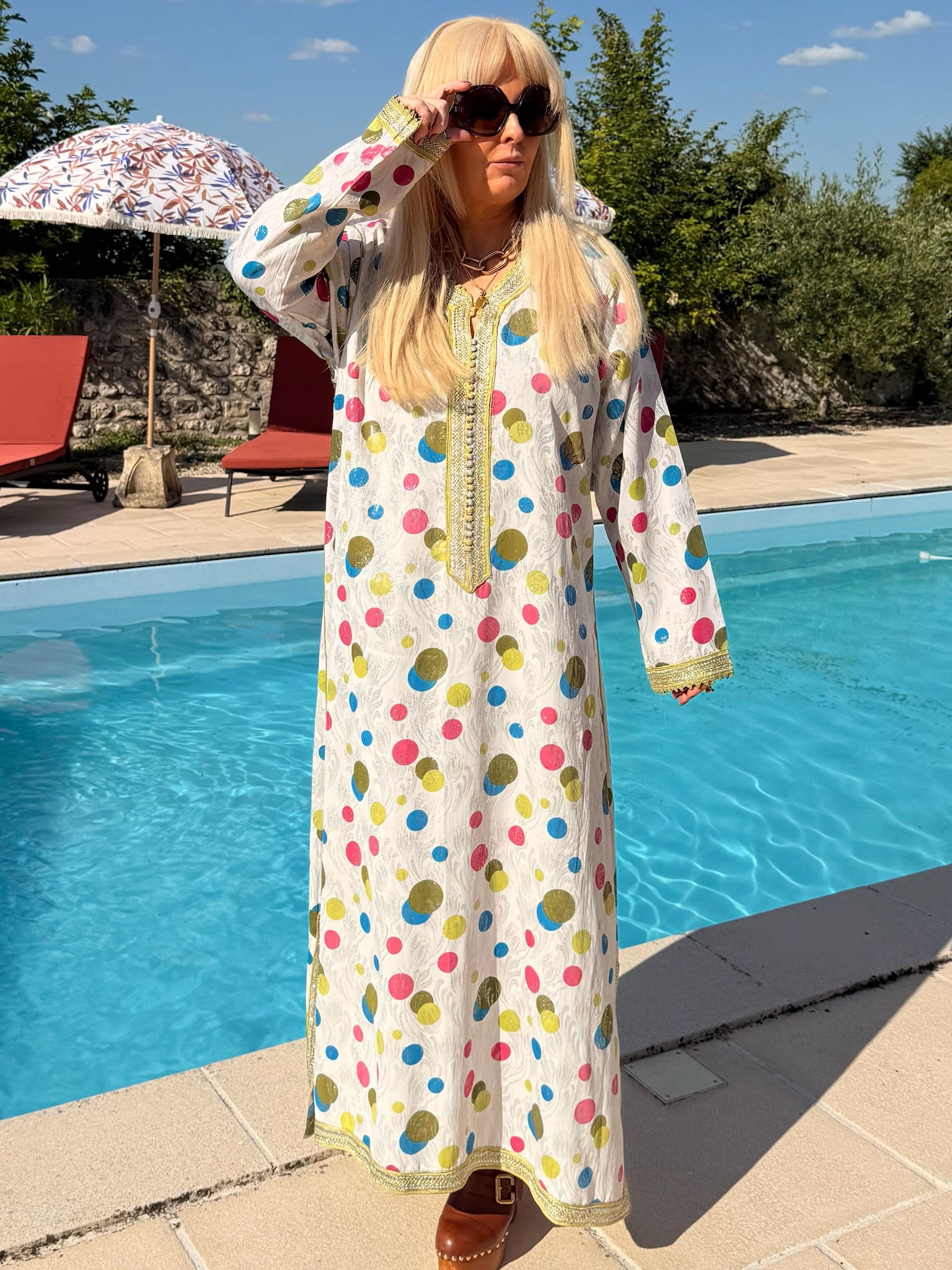 Vintage 1970s Polka Dot lurex silver Kaftan With Embroidery