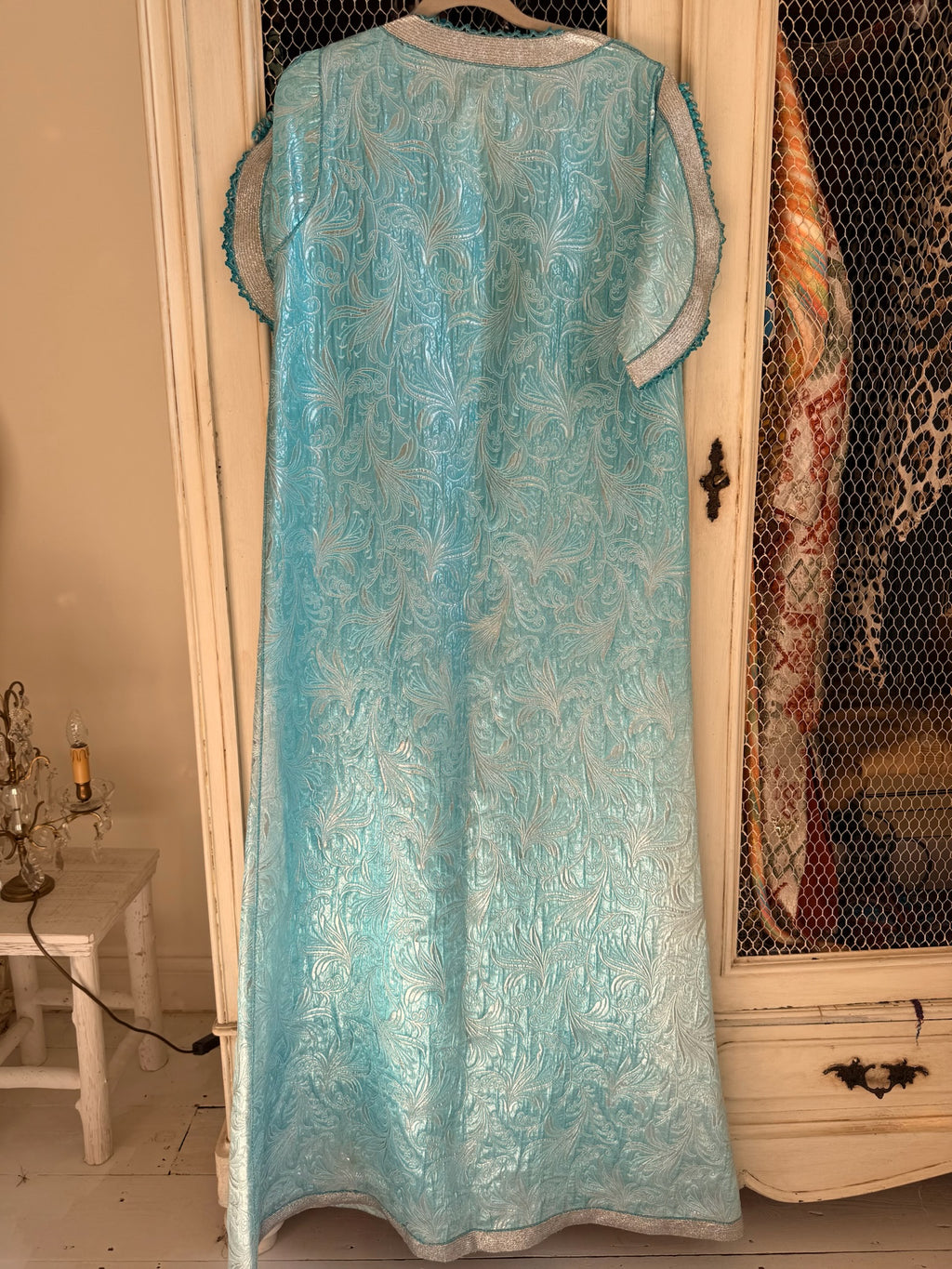 Vintage 1970s Baby Blue Metallic Silver Embroidered Kaftan