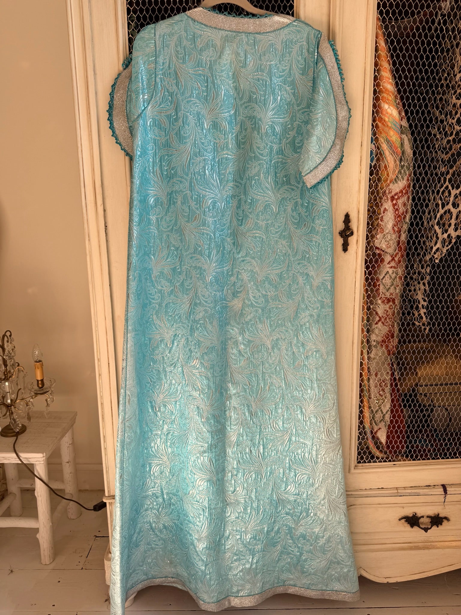 Vintage 1970s Baby Blue Metallic Silver Embroidered Kaftan