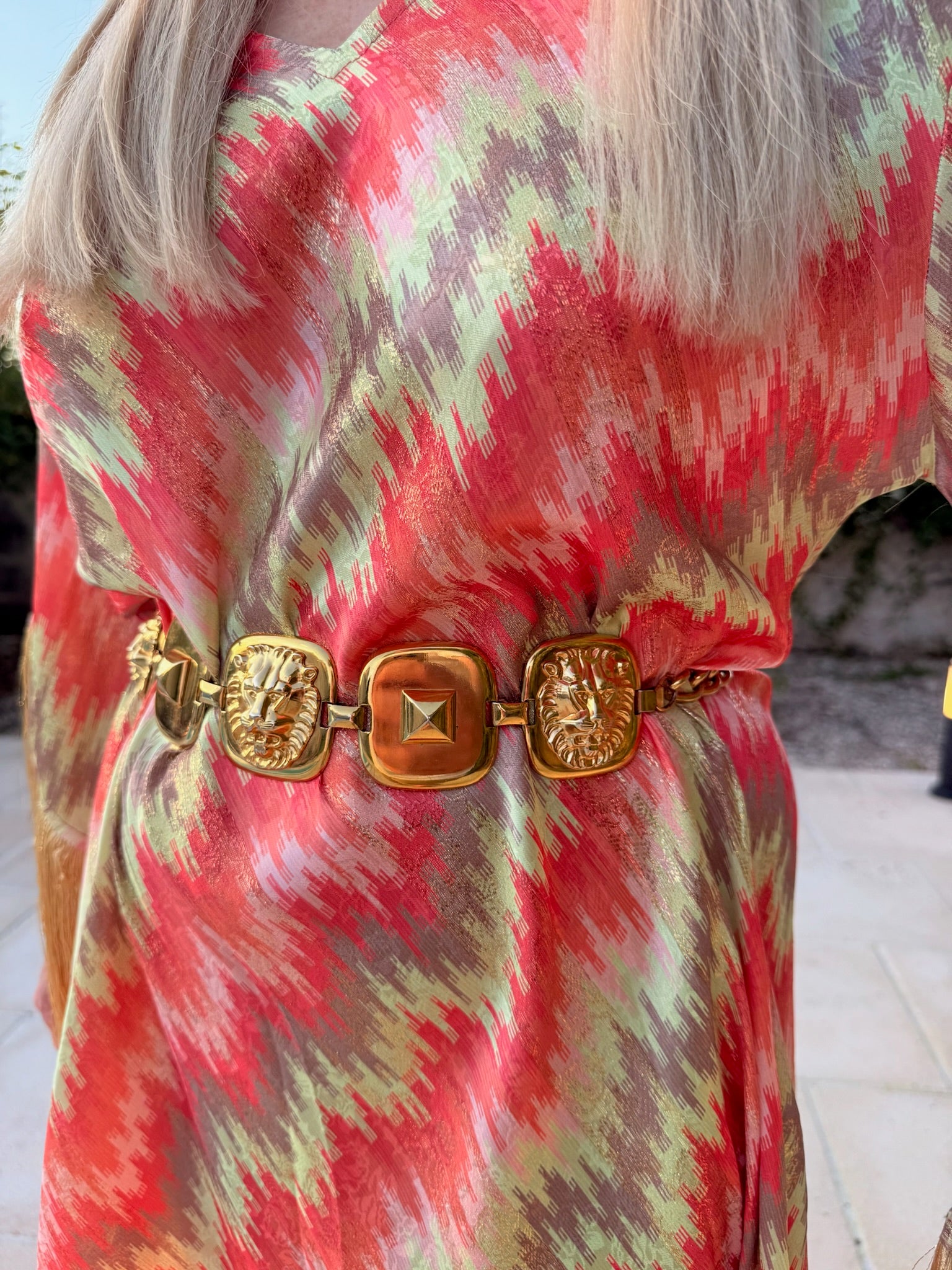Short Stevie – Ikat Coral & Sage with Gold Fringe