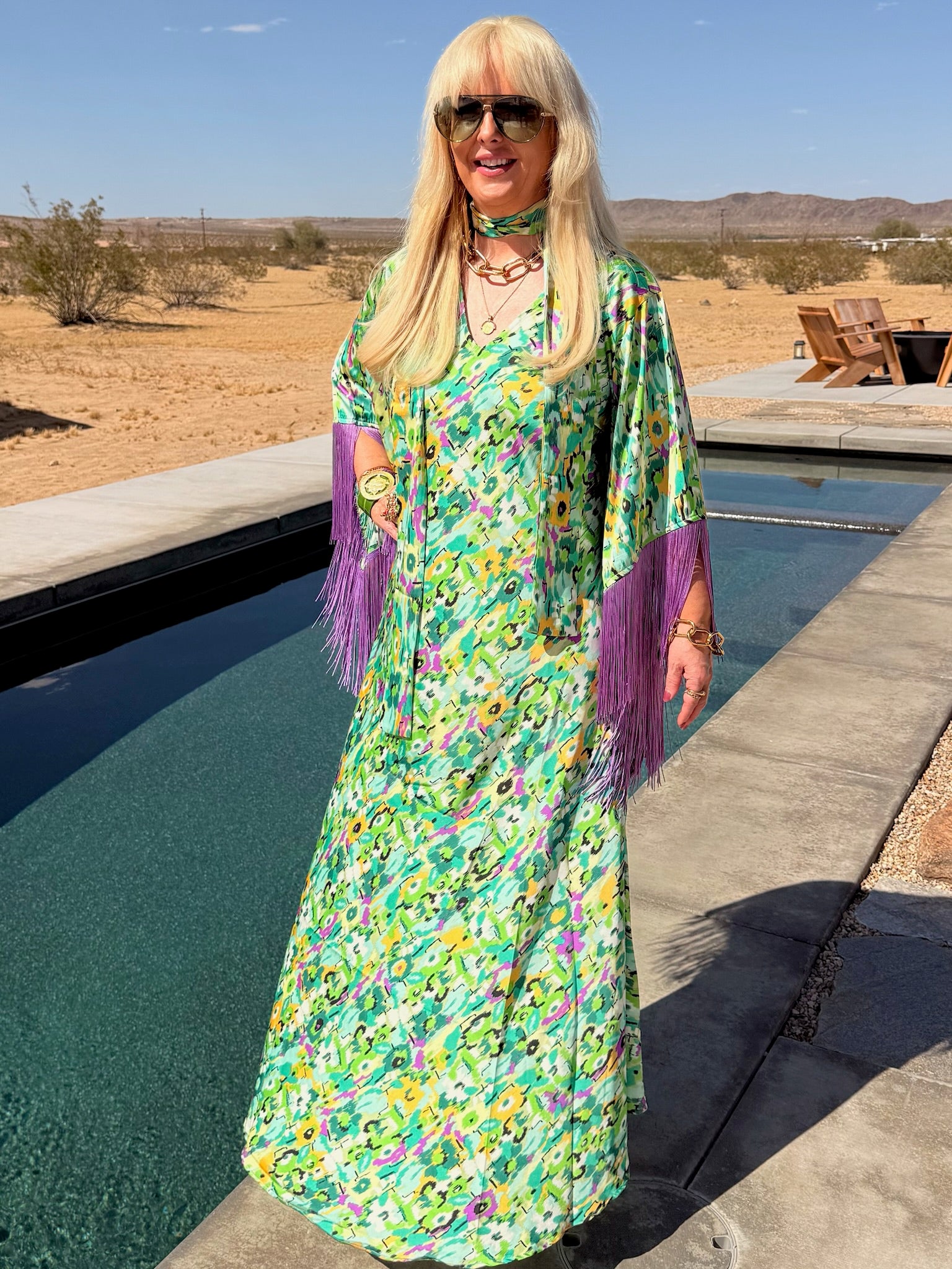 Stevie - Green & Lilac Fringed