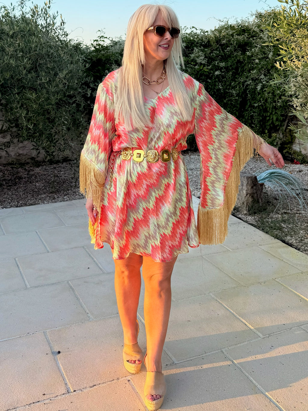 Short Stevie – Ikat Coral & Sage with Gold Fringe