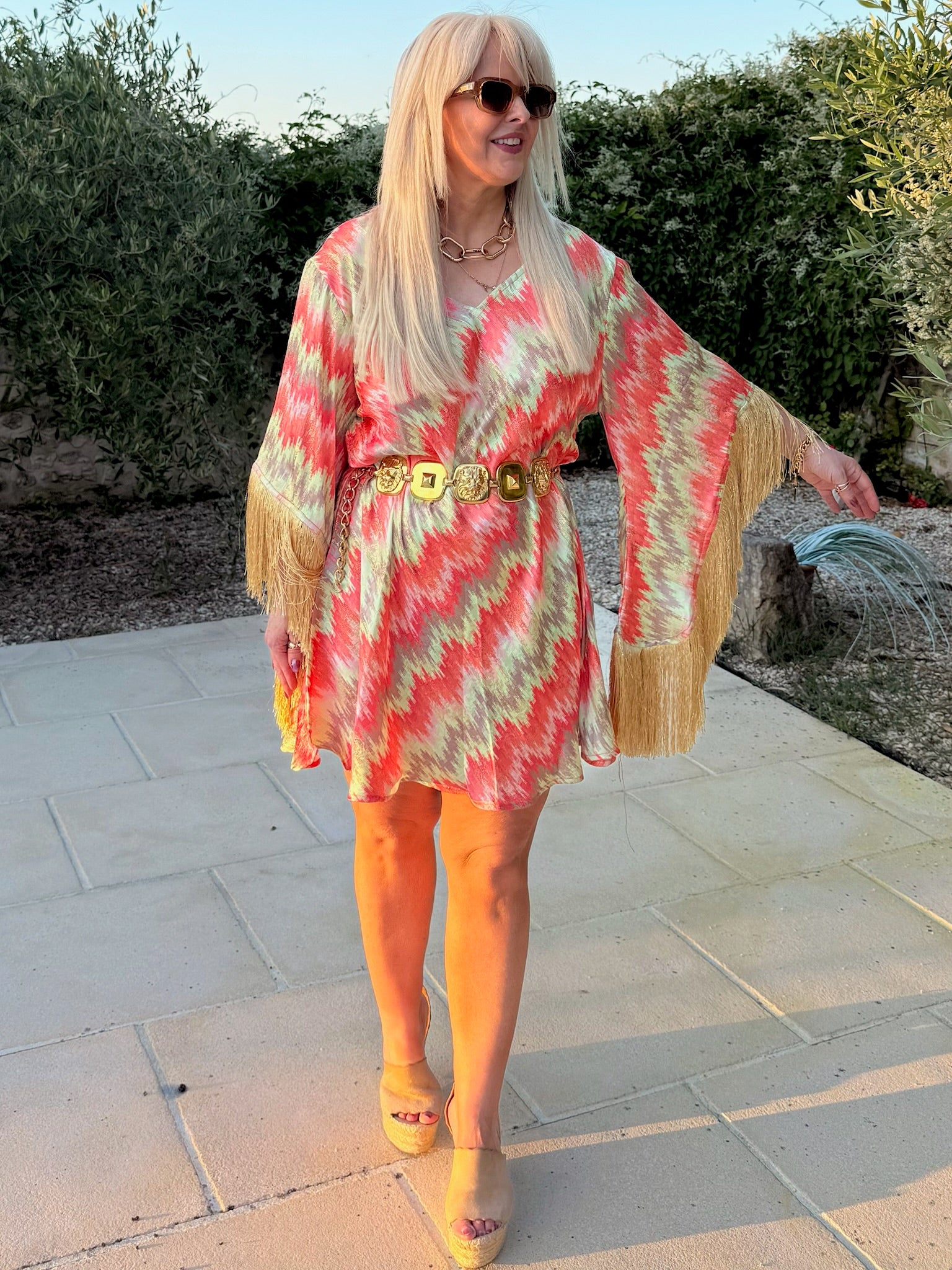 Short Stevie – Ikat Coral & Sage with Gold Fringe