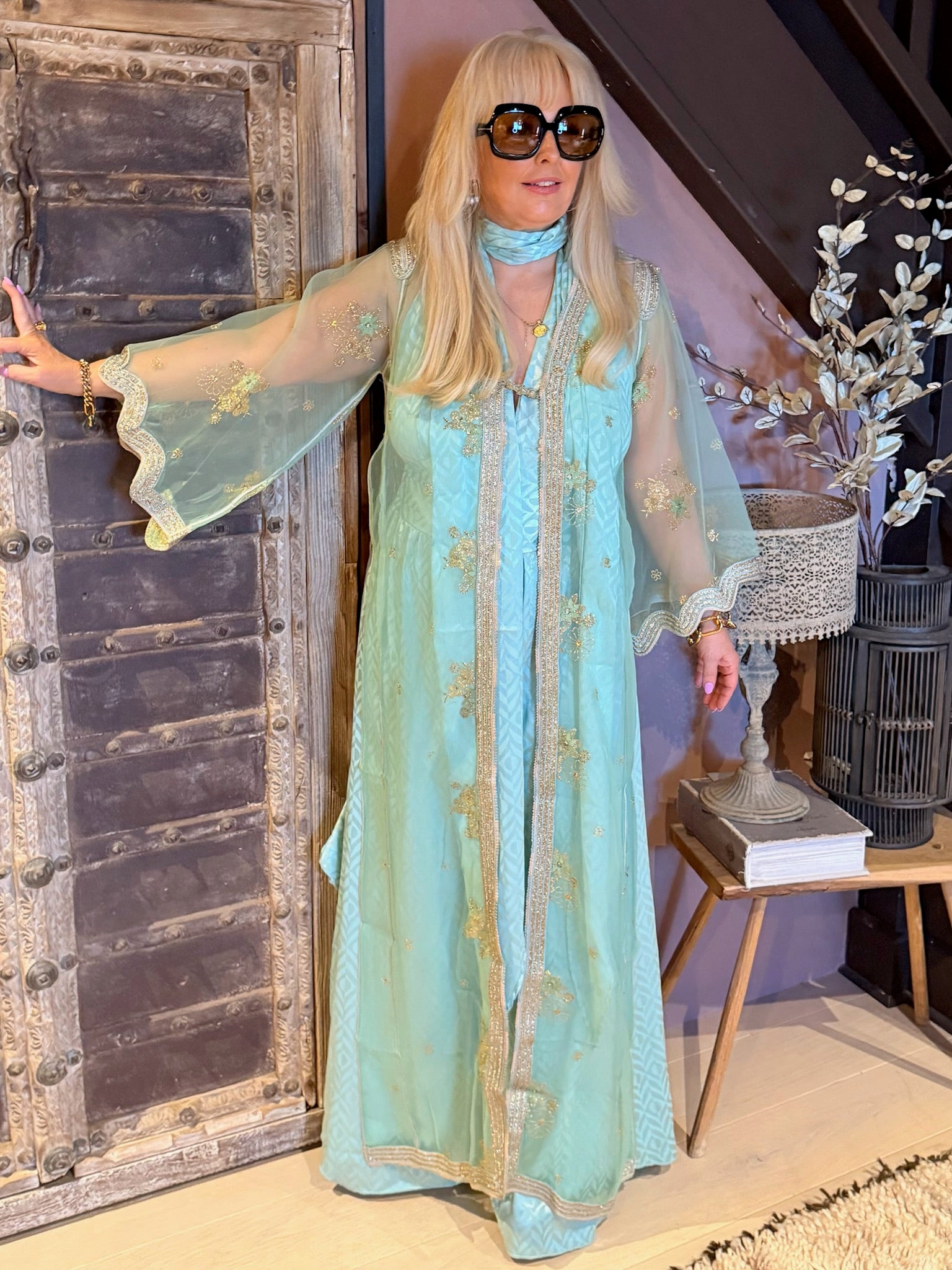 Caz - Seafoam Silk Mix Jumpsuit & Duster Set