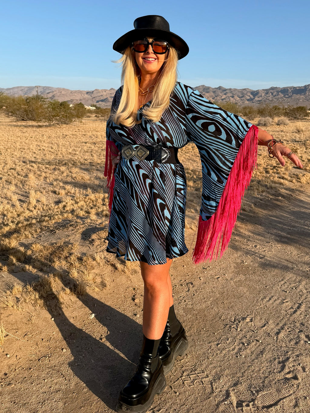 Short Stevie - Blue With Hot Pink Fringe