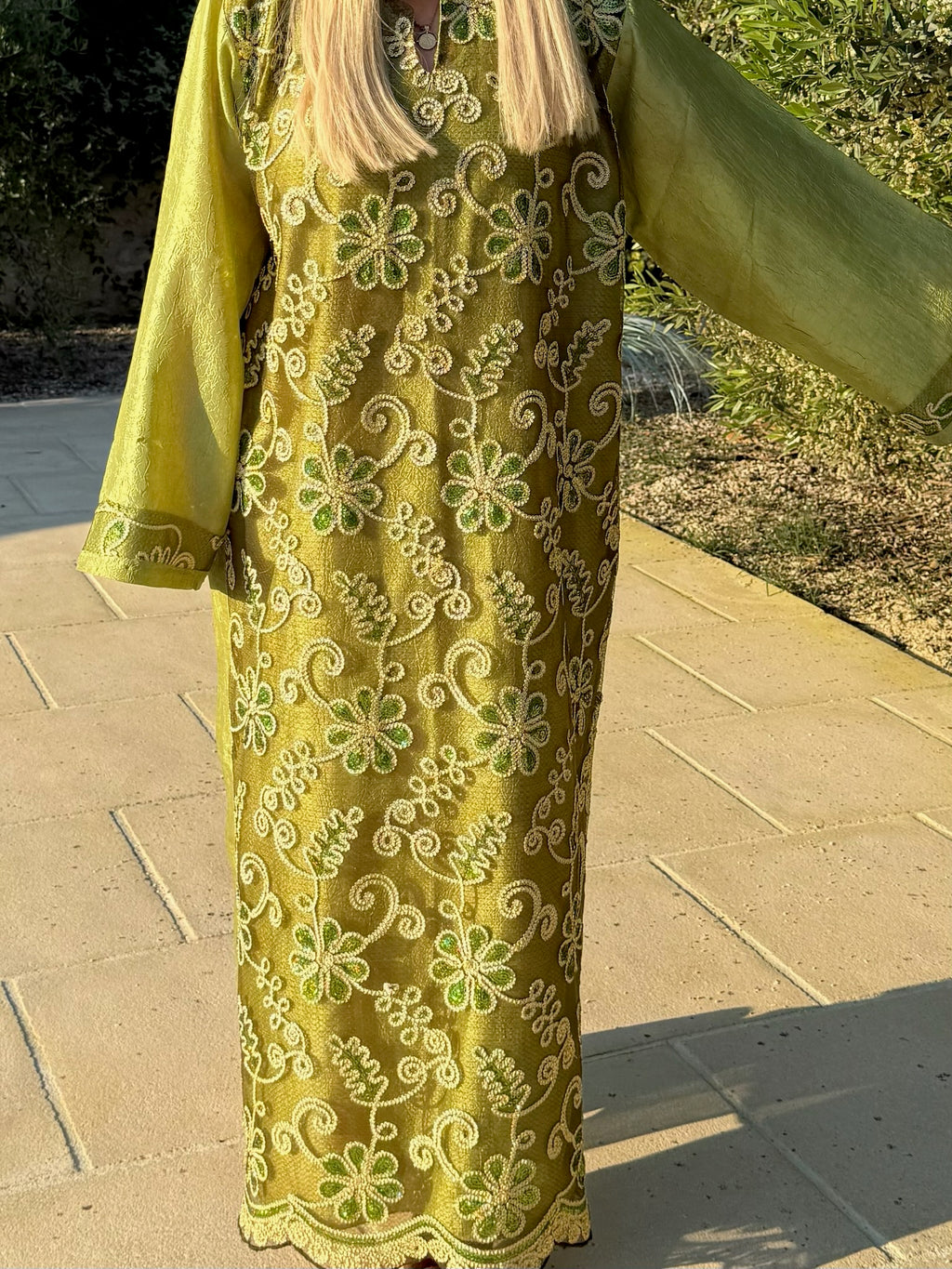 Vintage Beaded Olive Metallic with Gold Kaftan