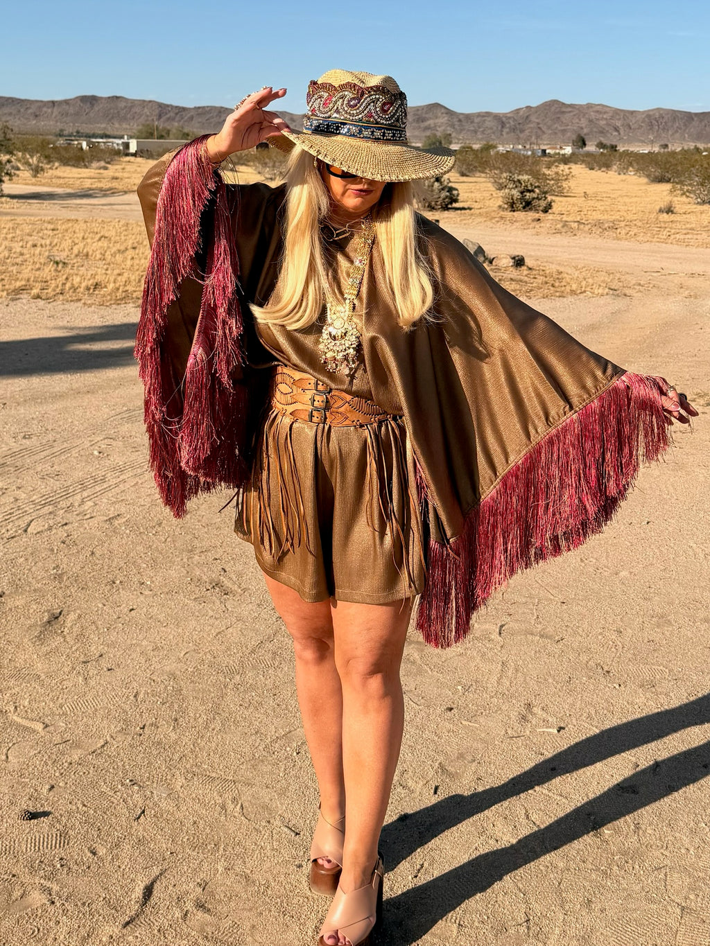 Sam - Khaki Bronze Metallic With Raspberry Silk Fringe